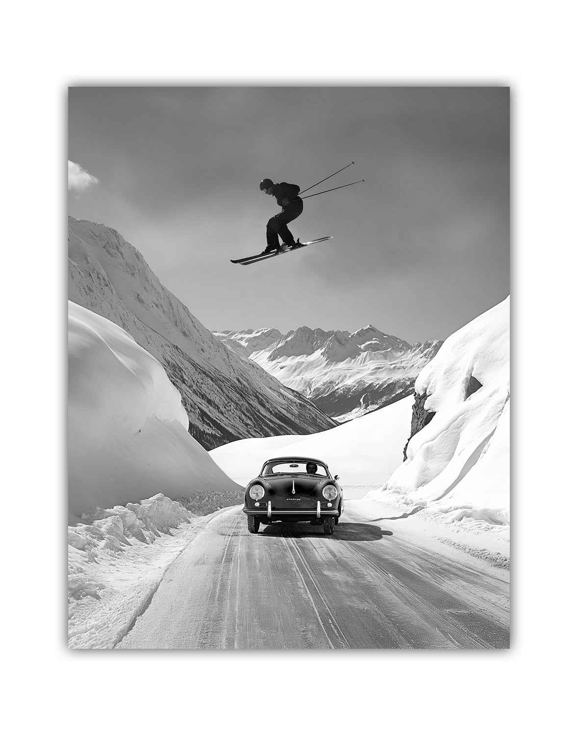 Skier Jumping Over Vintage Porsche — Black & White Photo (Restored Vintage Wall Art) - Archive Prints