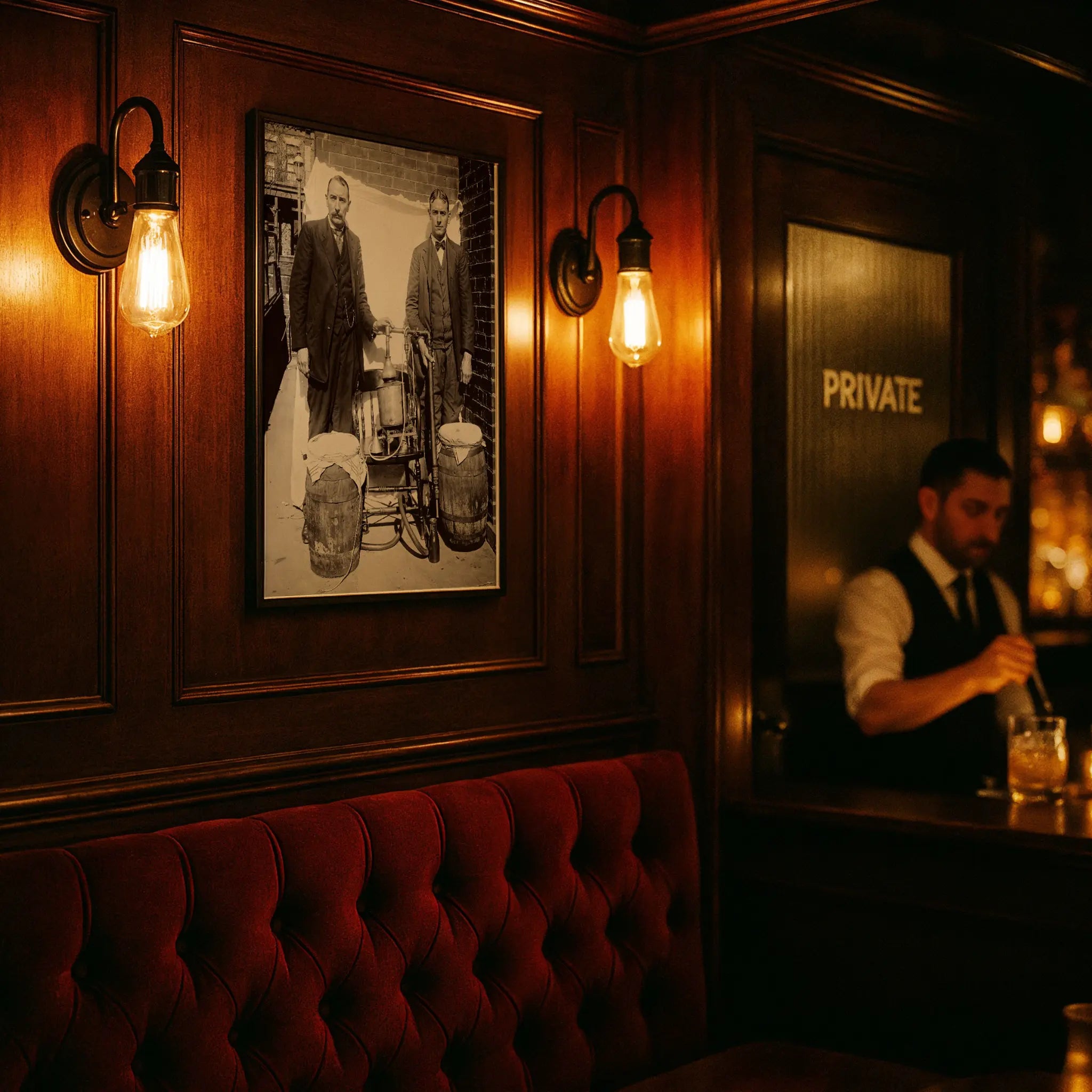 Historic distillation equipment print in private speakeasy booth with red velvet seating and period bartender