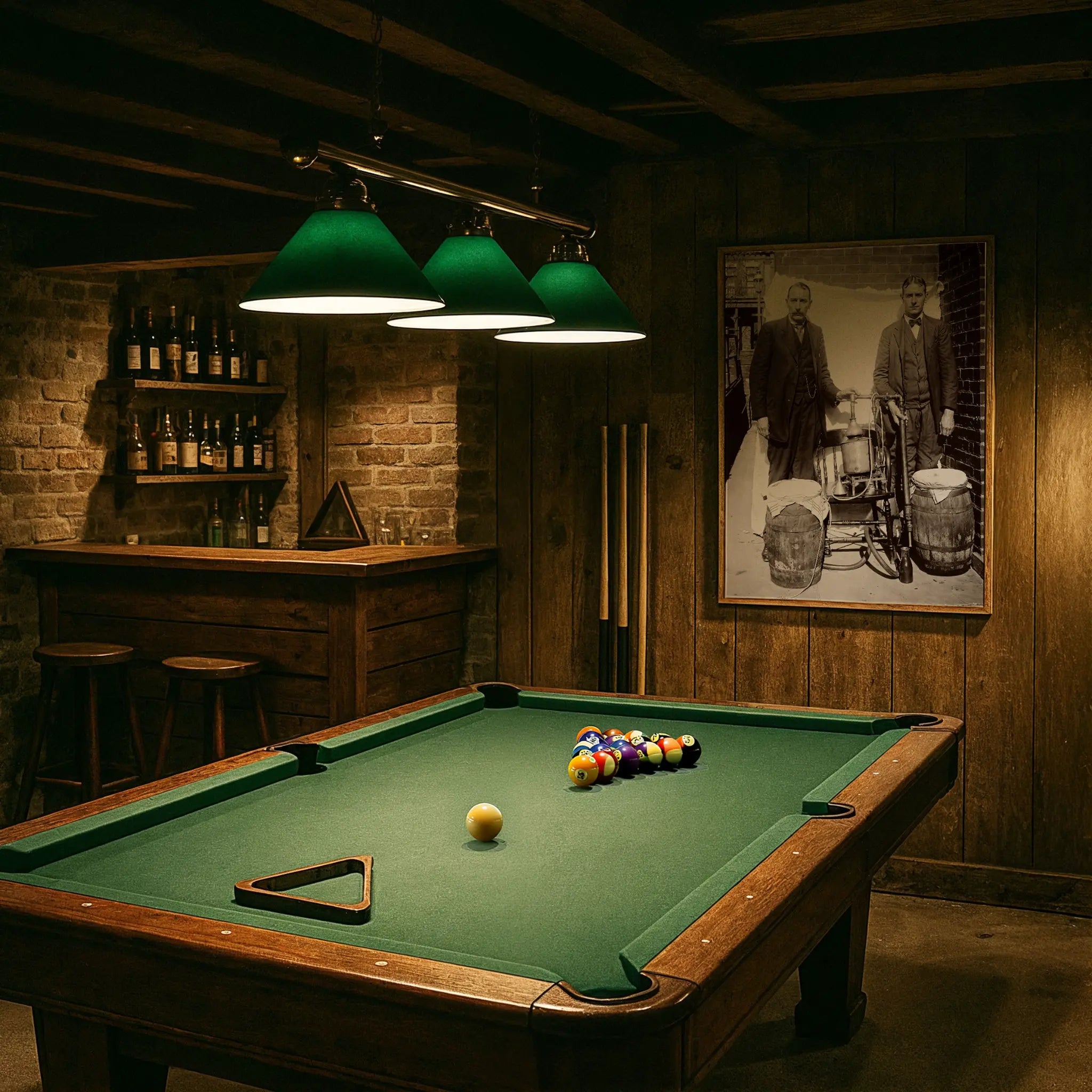 Moonshine distillation apparatus photograph in vintage billiards room with green felt table and period lighting