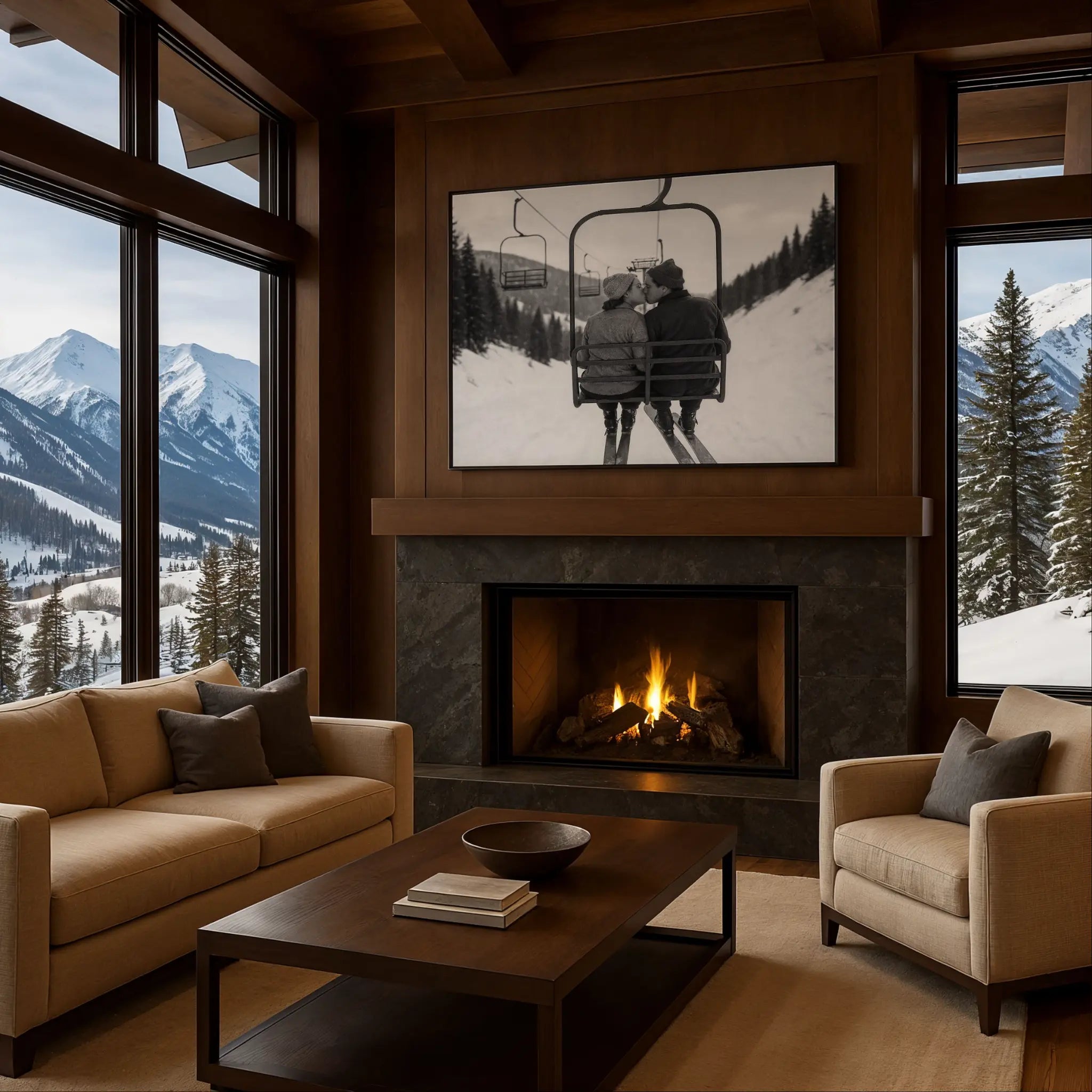 Romantic Chairlift Kiss Photo in Cozy Fireplace Setting