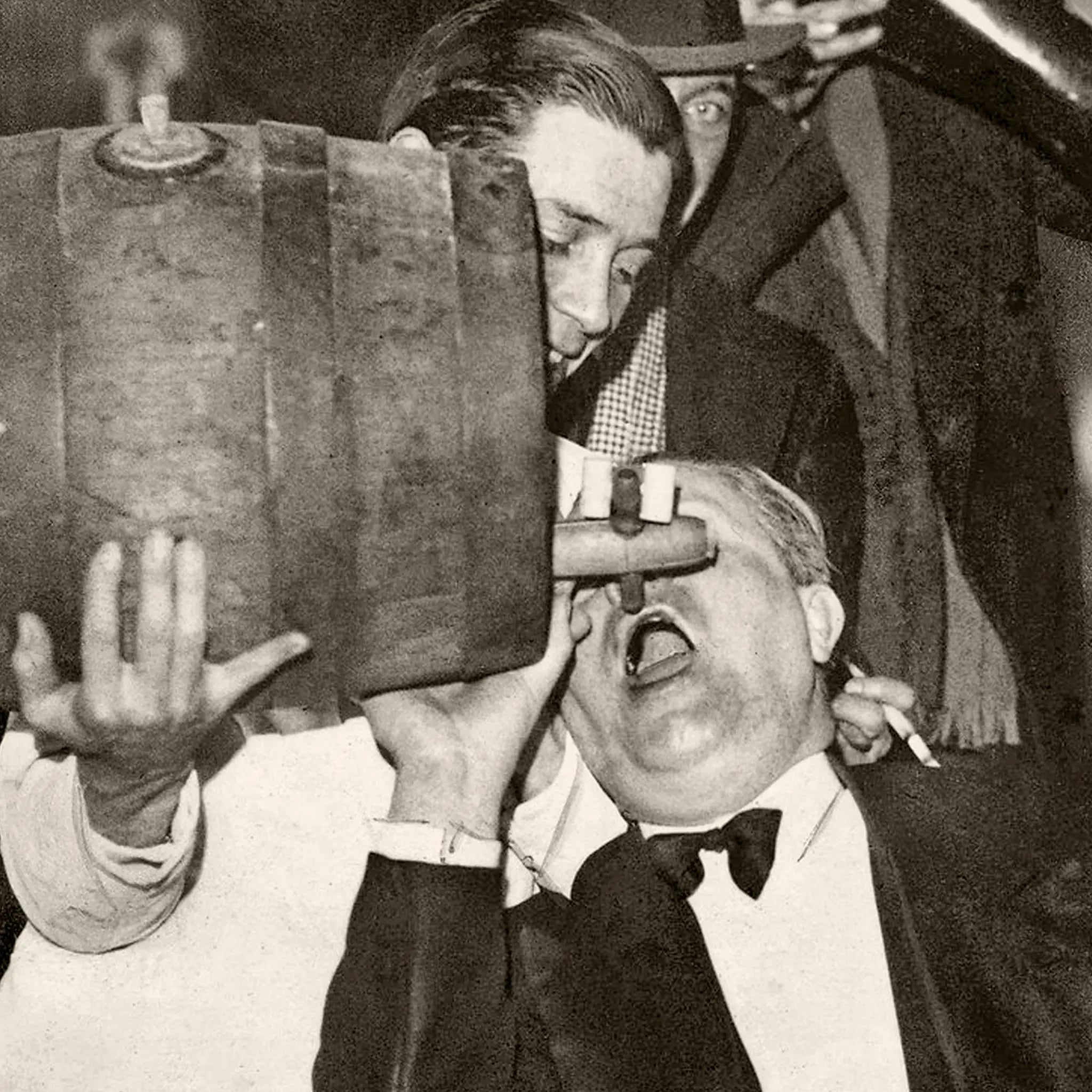 Close-up detail of prohibition speakeasy musicians showing brass instruments and joyful expressions during underground jazz performance