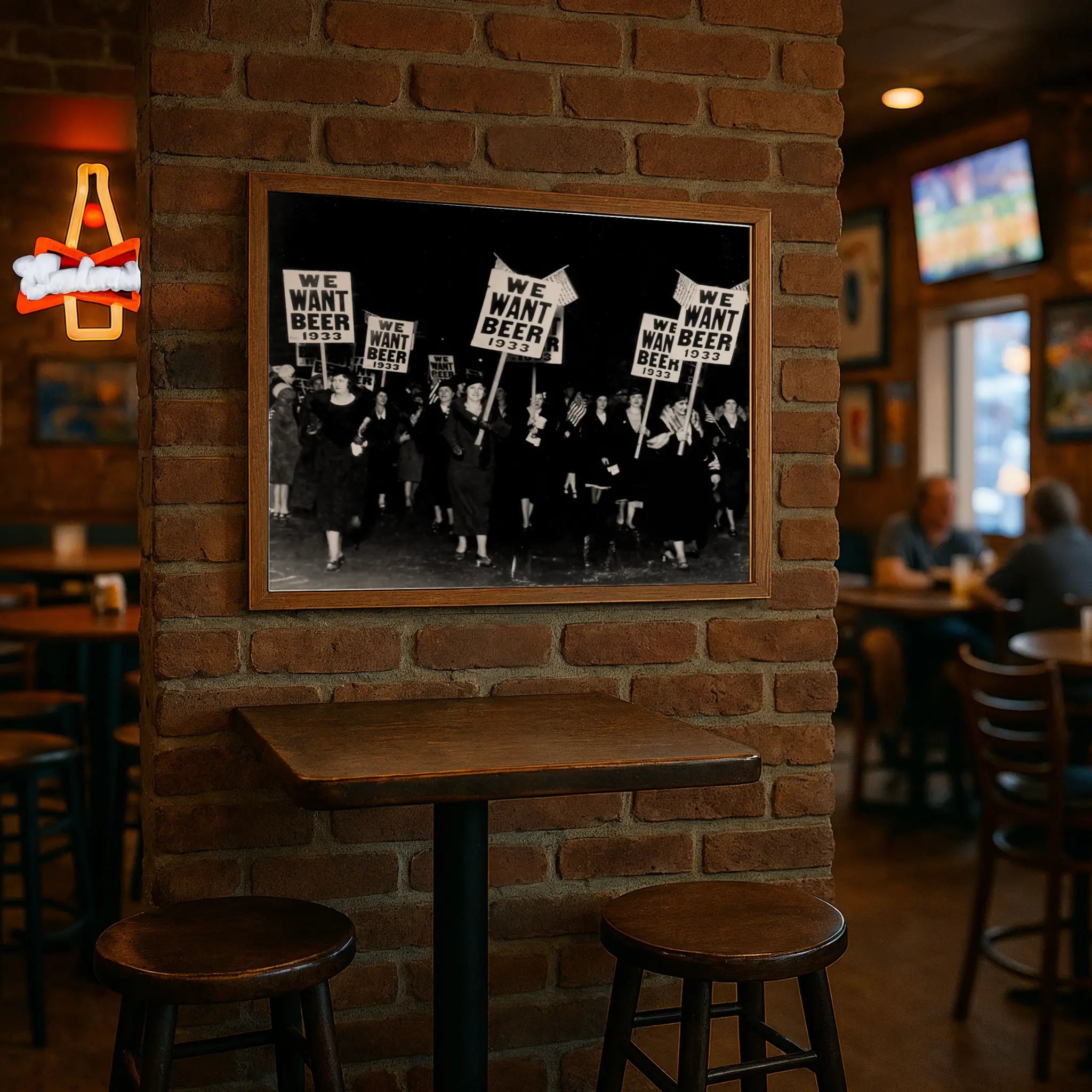 Female protest march print in modern pub with high-top tables and brick wall atmosphere