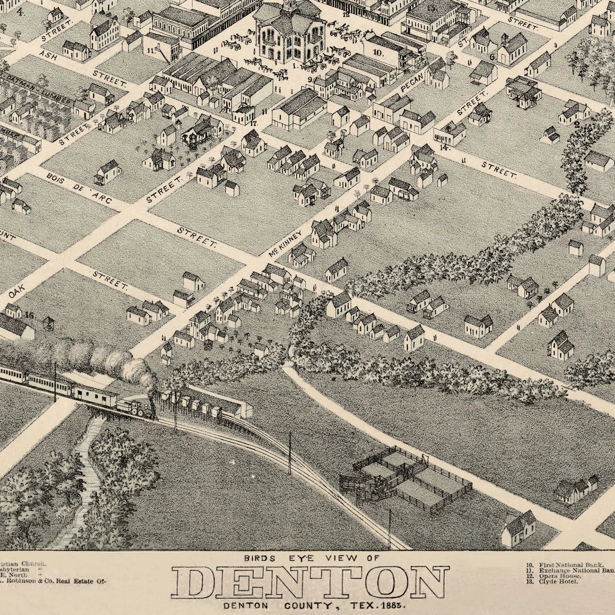 Denton Bird's-Eye Map - Vintage 1883 Texas Historical City Map