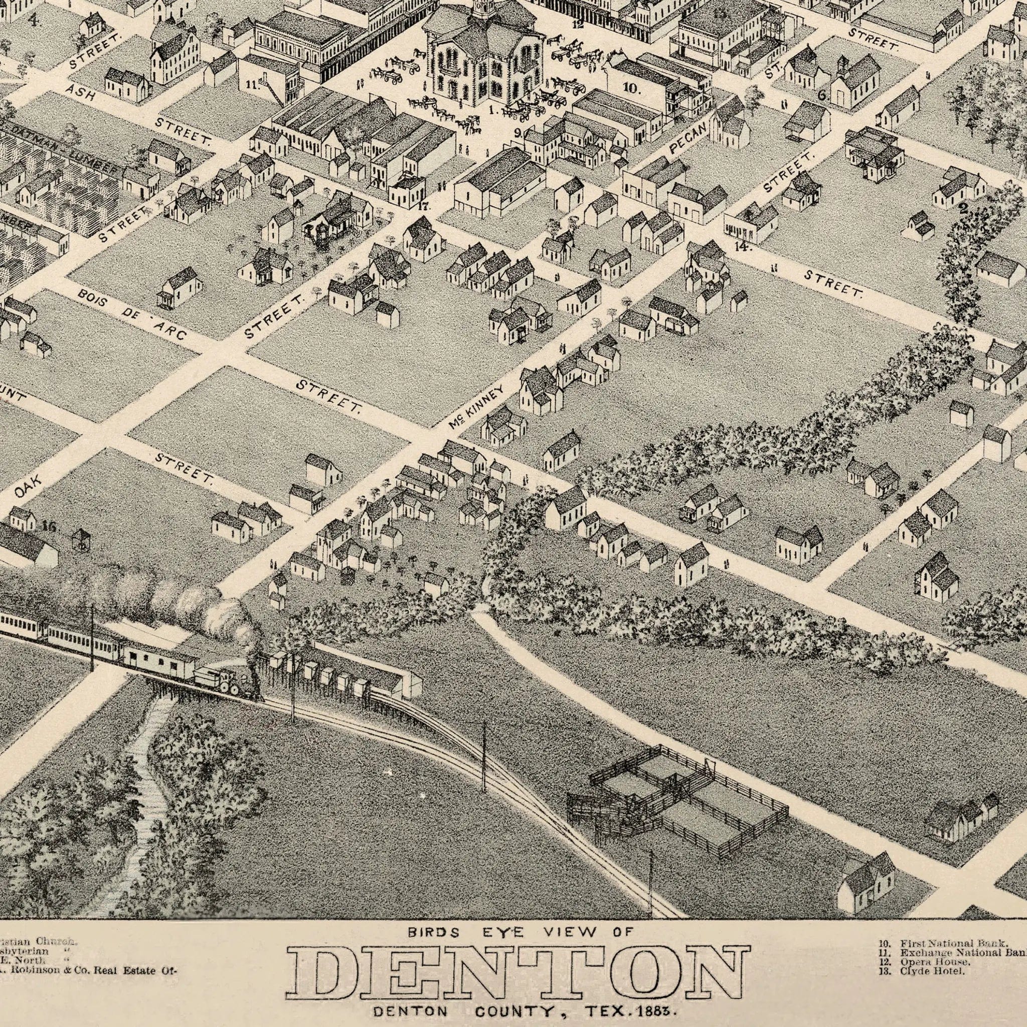 Denton Bird's-Eye Map 1883 - Vintage Texas Historical City Map - Archive Prints