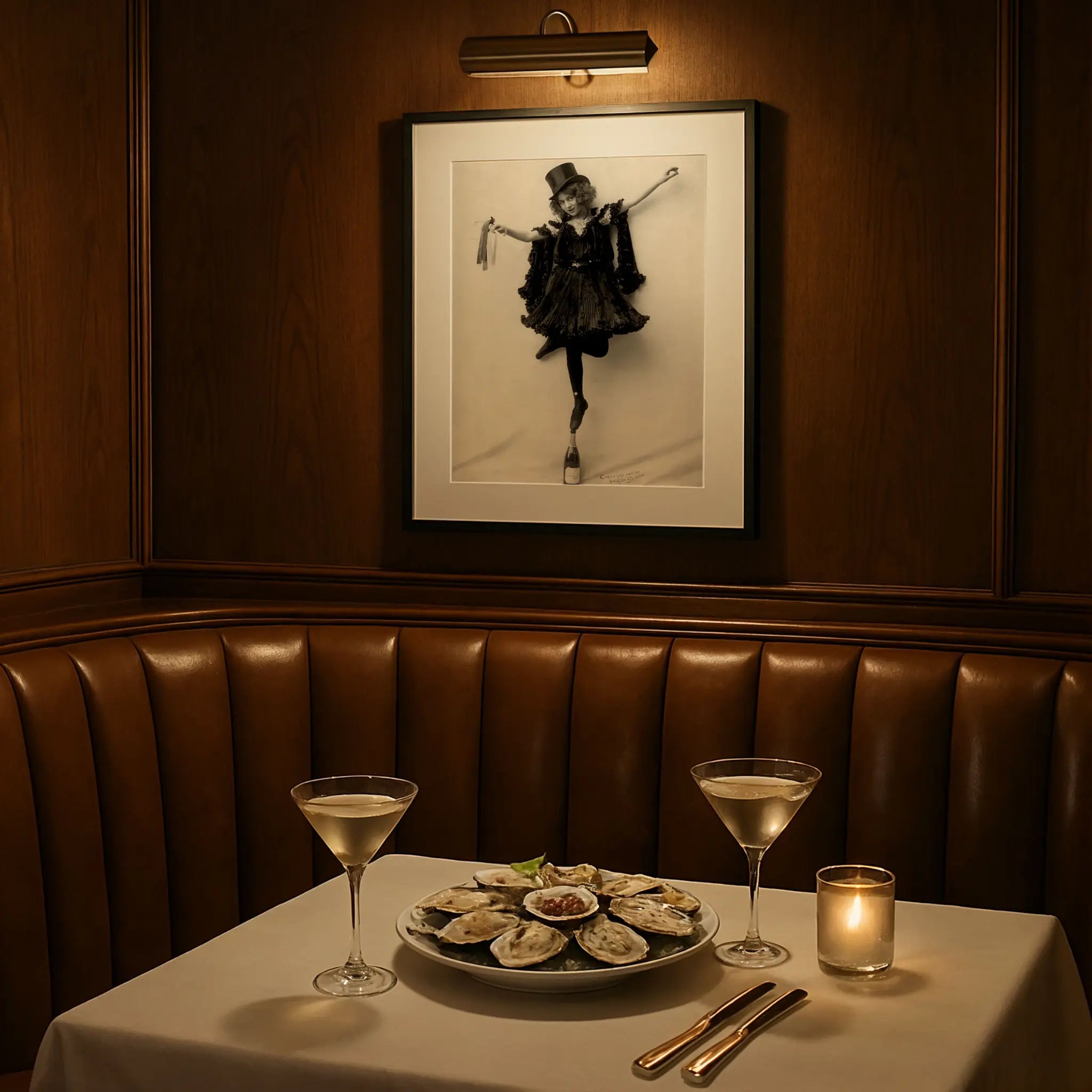 Historical entertainment photograph in elegant restaurant booth setting with cocktails and sophisticated ambiance