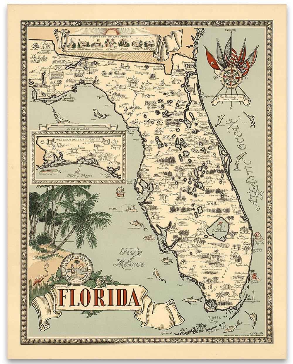 Vintage Florida Map 1954 Travel Wall Art for Collectors