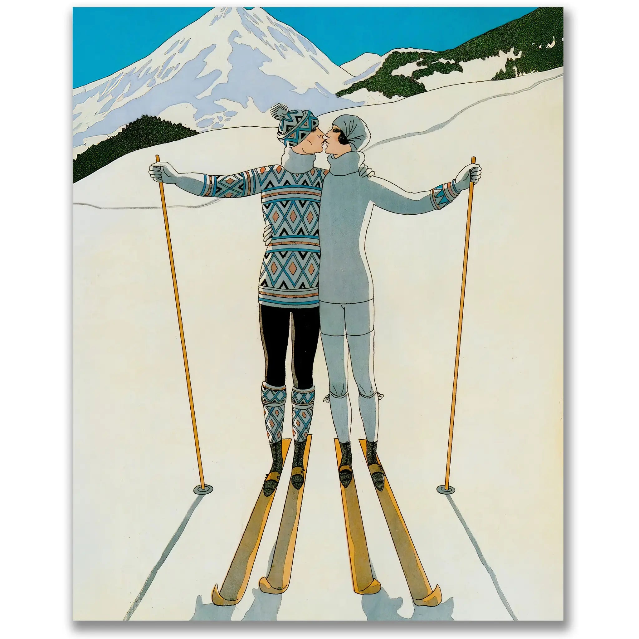 Art Deco Skiing Romance - Vintage Alpine Poster Art - Main Image
