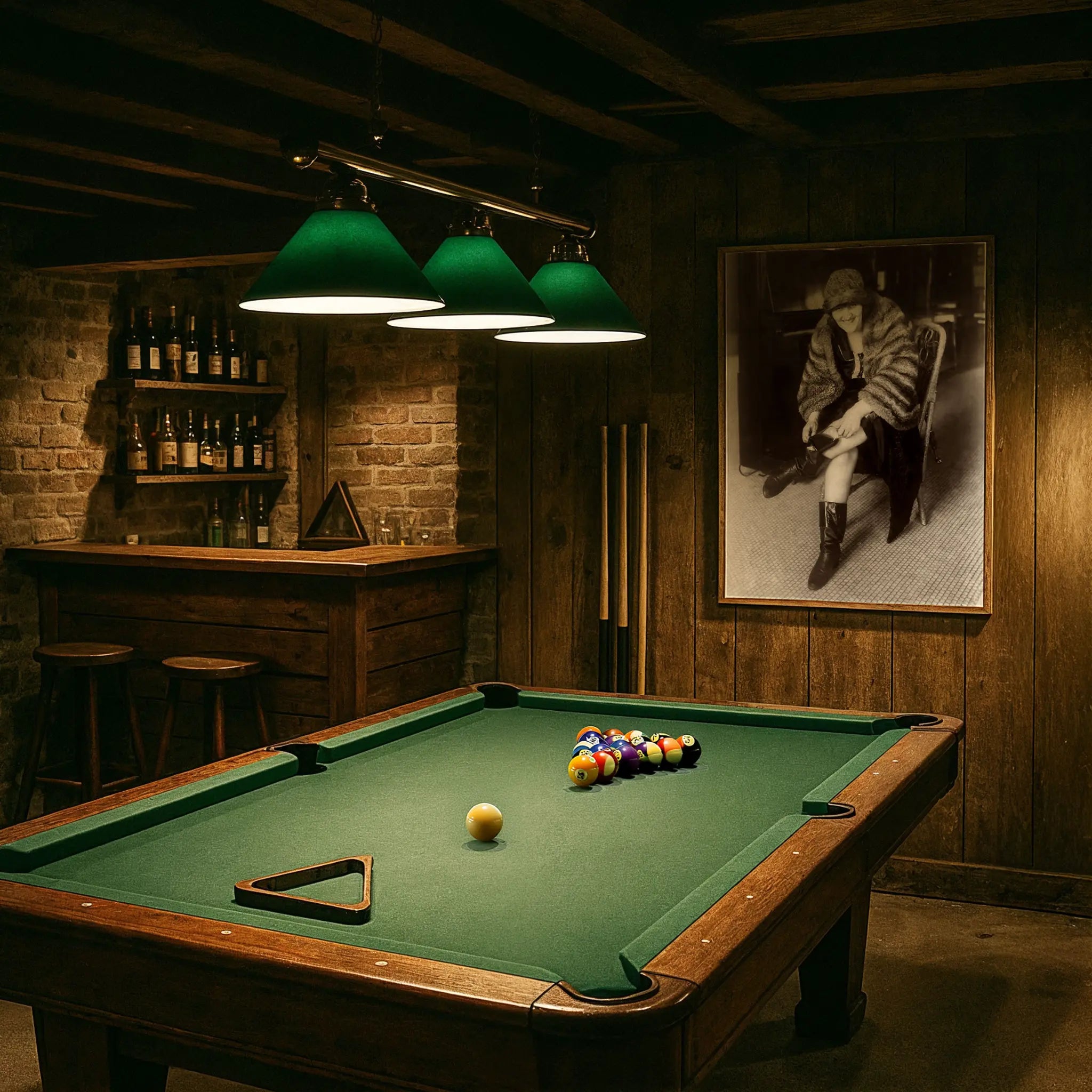 Prohibition flapper in vintage pool hall with green felt table and period lighting