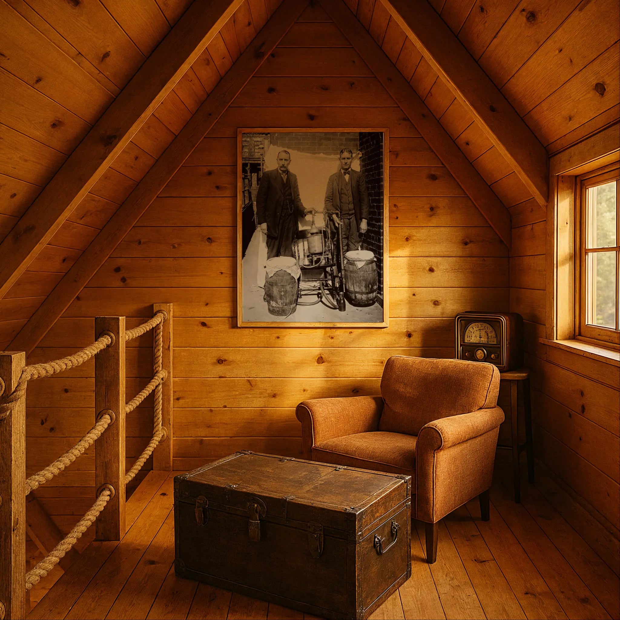 Historic bootlegger equipment print in rustic cabin setting with vintage radio and rope details