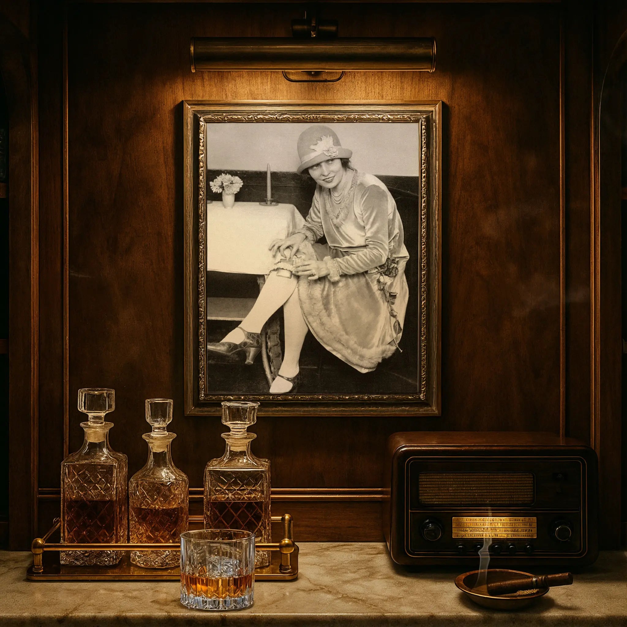 Jazz Age sophistication photograph displayed in luxury study with crystal decanters and vintage radio atmosphere
