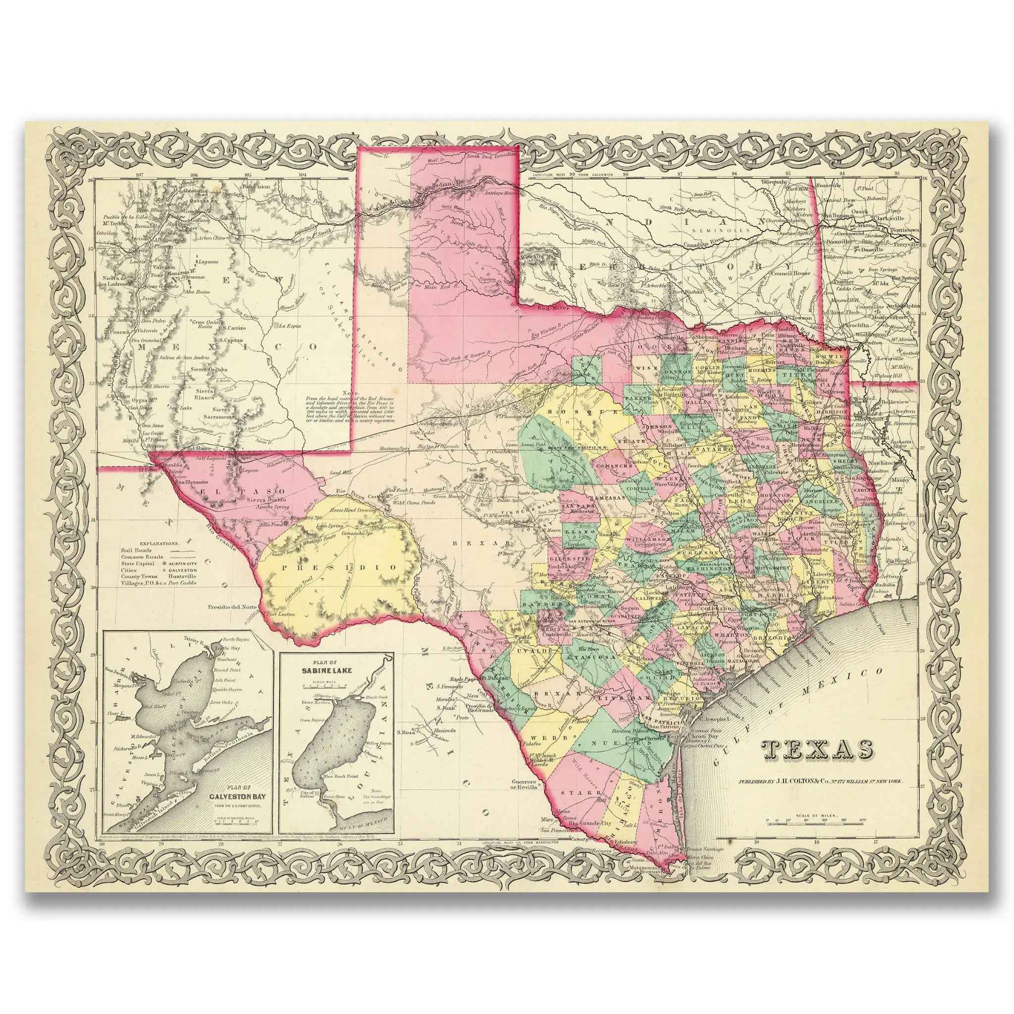 Texas Map - Vintage 1856 Colton Historical Wall Art