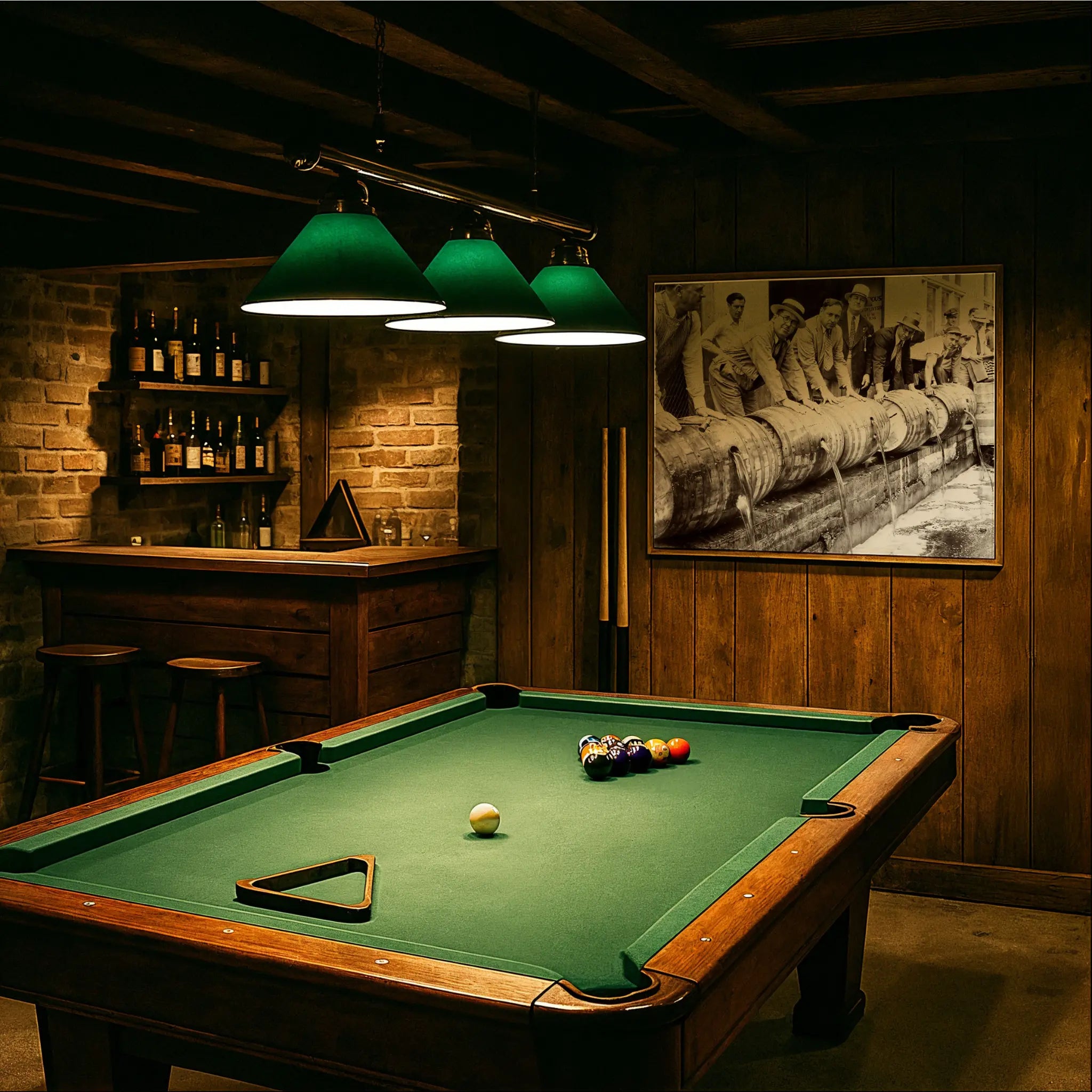 Prohibition barrel destruction photograph in vintage billiards room with green felt table and period lighting