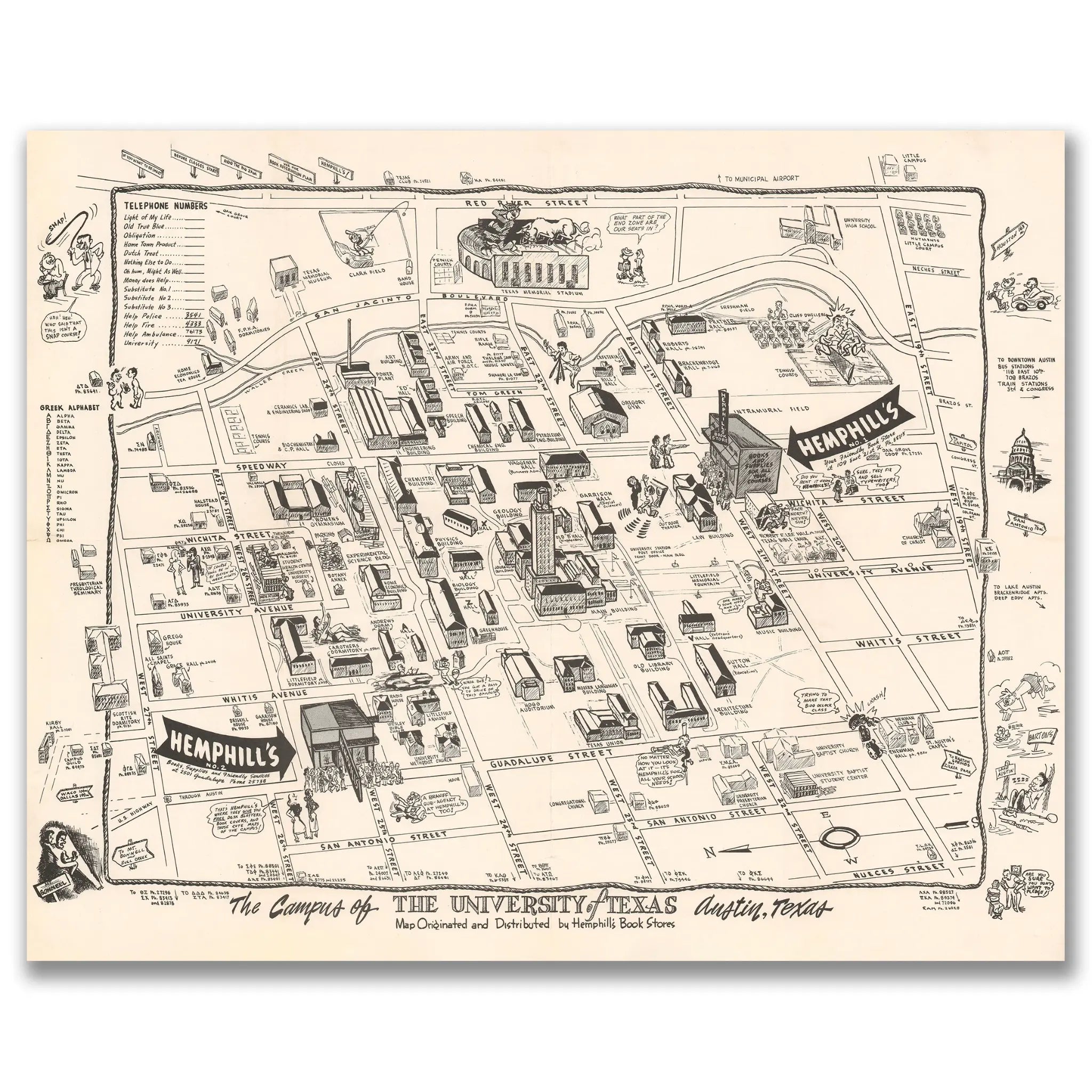 University of Texas Campus Map - Vintage 1945 Austin Student Life Illustrated Map