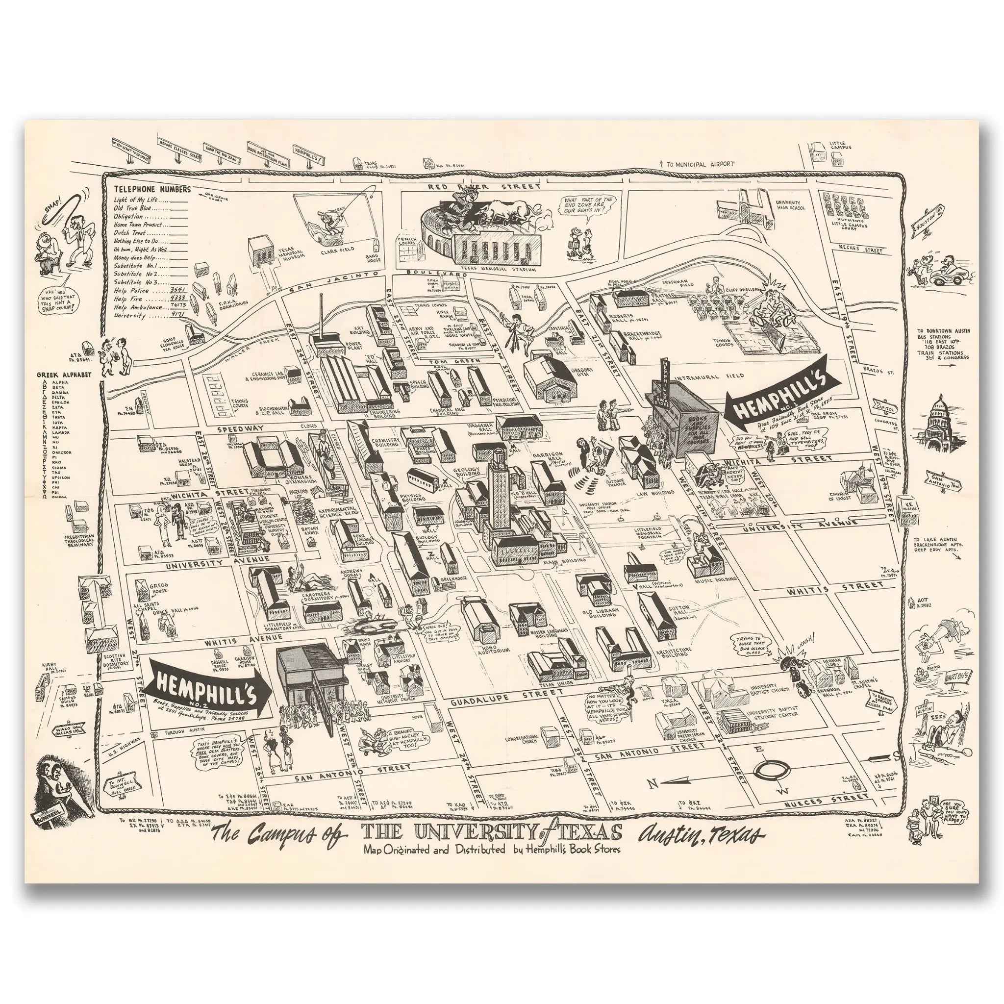 University of Texas Vintage Map - 1945 Illustrated Campus Life in Austin