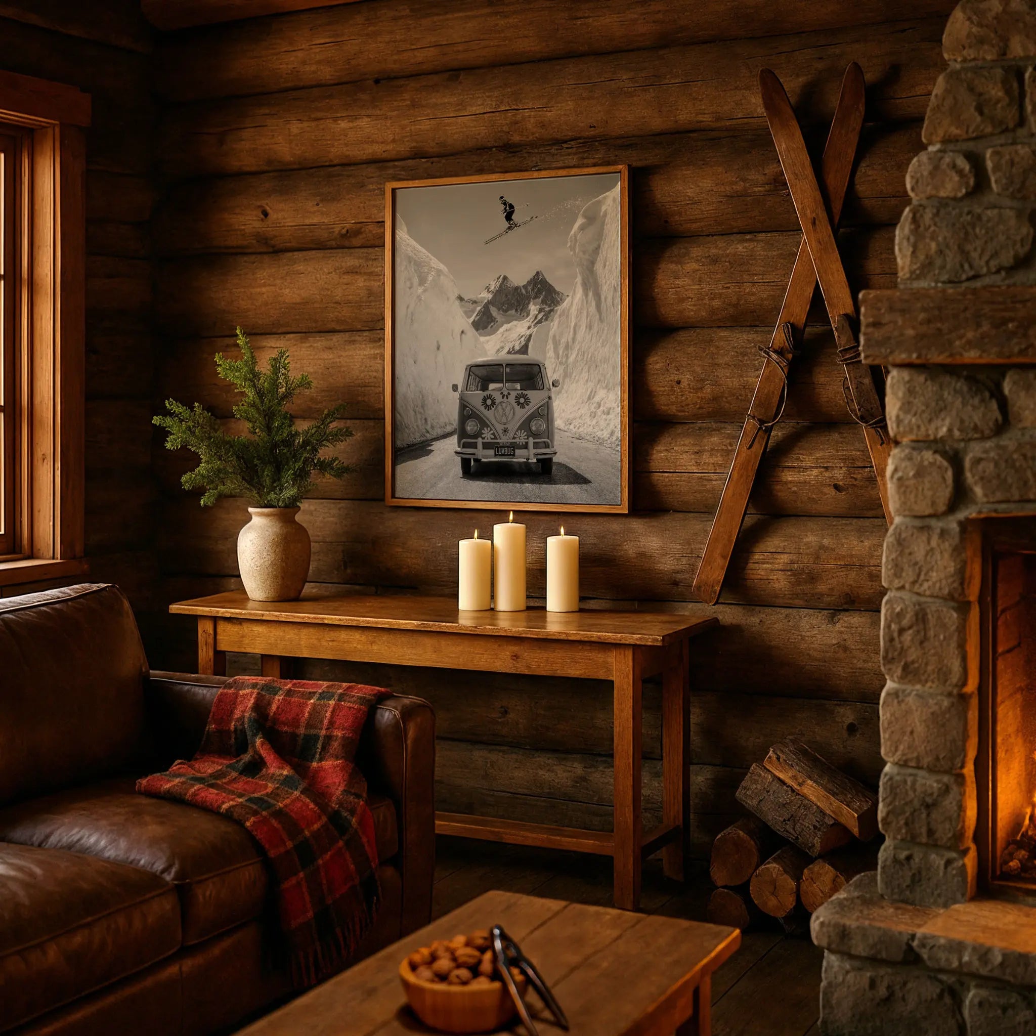 Vintage VW Bus Photo in Cozy Alpine Retreat