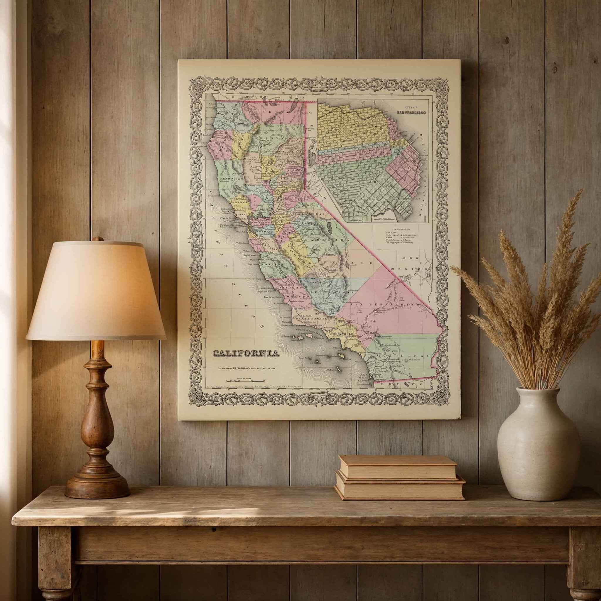1855 California State Map – Restored Vintage Wall Art by Colton