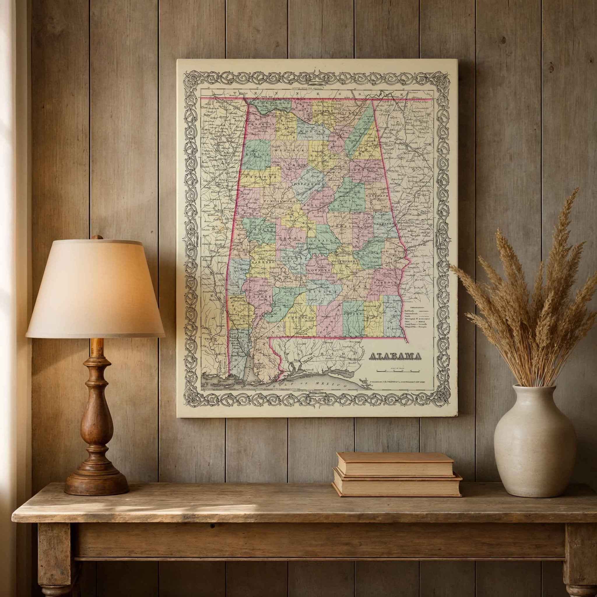 1856 Alabama Colton Map – Restored Vintage State Map Wall Art