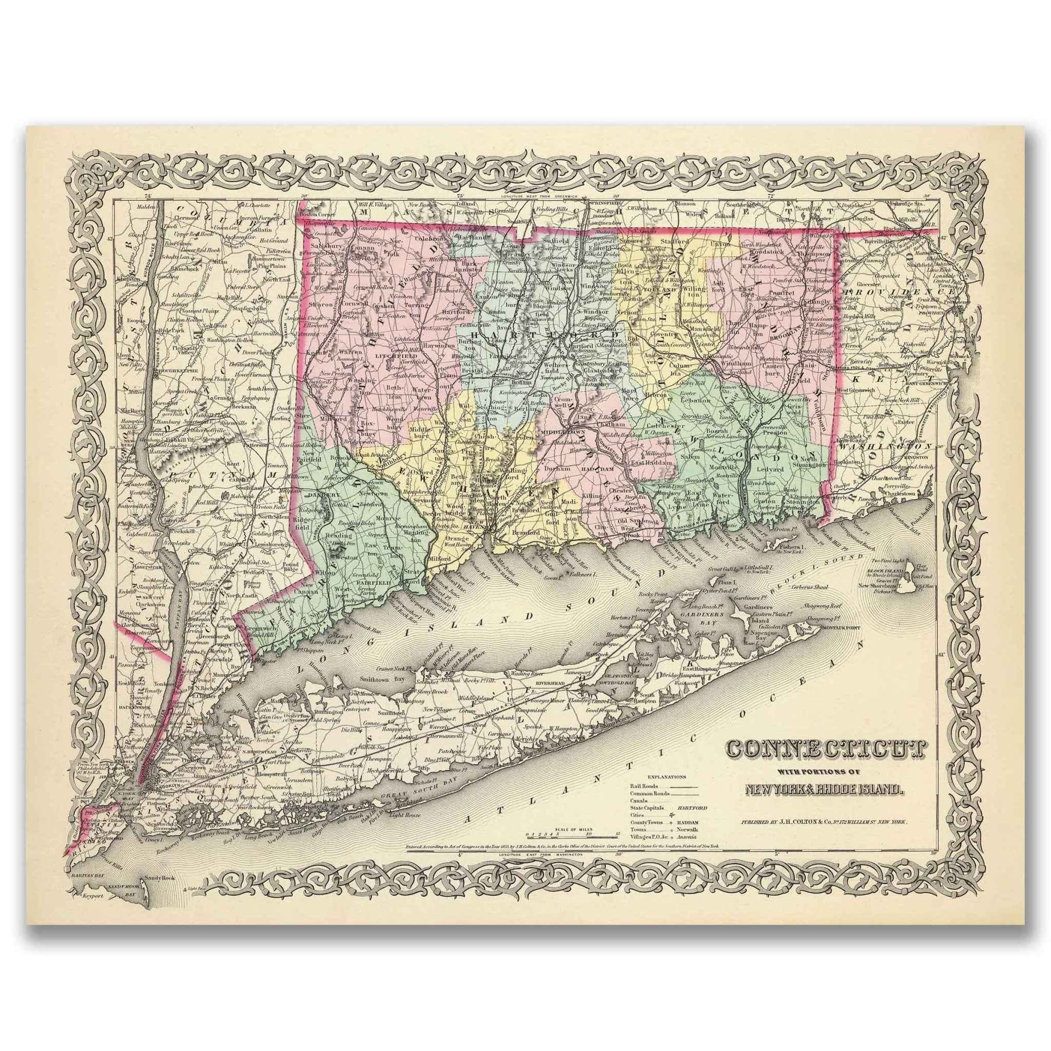 1856 Connecticut Map by Colton – Restored Vintage Wall Art
