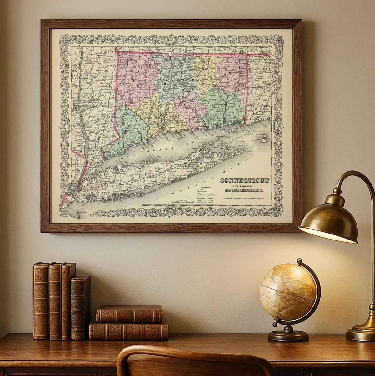 1856 Connecticut Map by Colton – Restored Vintage Wall Art