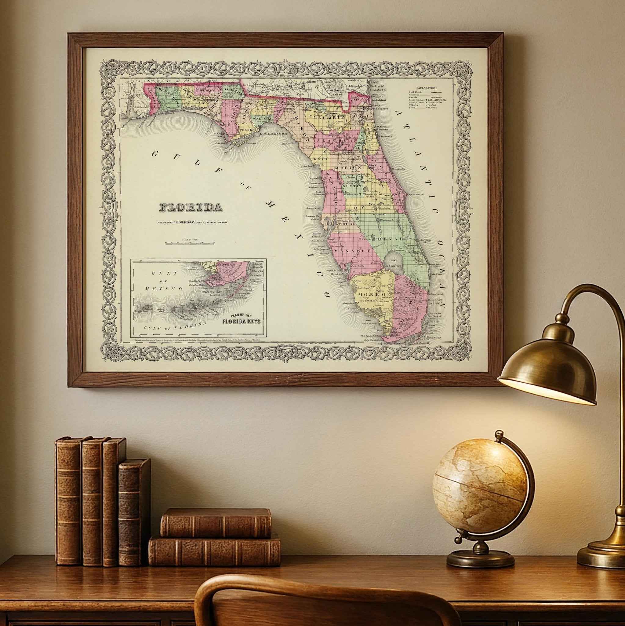 1856 Florida Map by G.W. Colton – Restored Vintage Wall Art with Florida Keys Inset