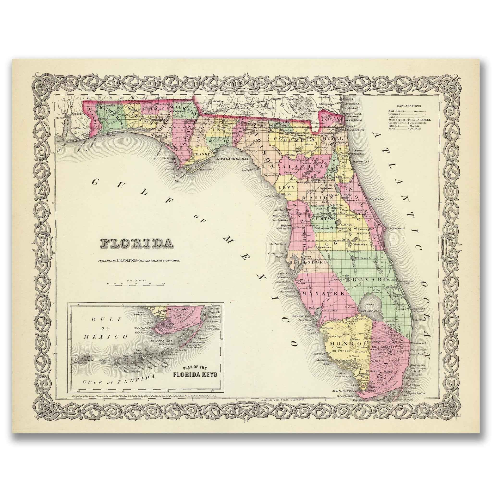 1856 Florida Map by G.W. Colton – Restored Vintage Wall Art with Florida Keys Inset