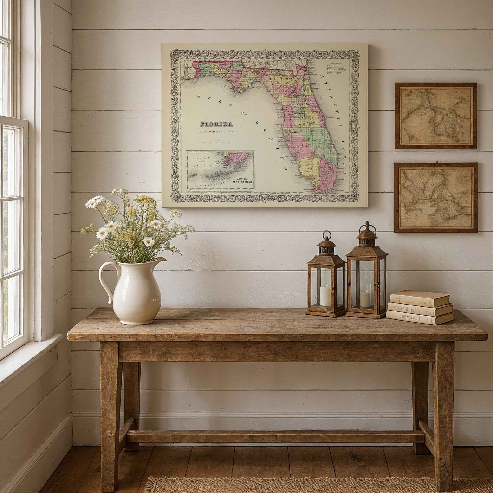 1856 Florida Map by G.W. Colton – Restored Vintage Wall Art with Florida Keys Inset