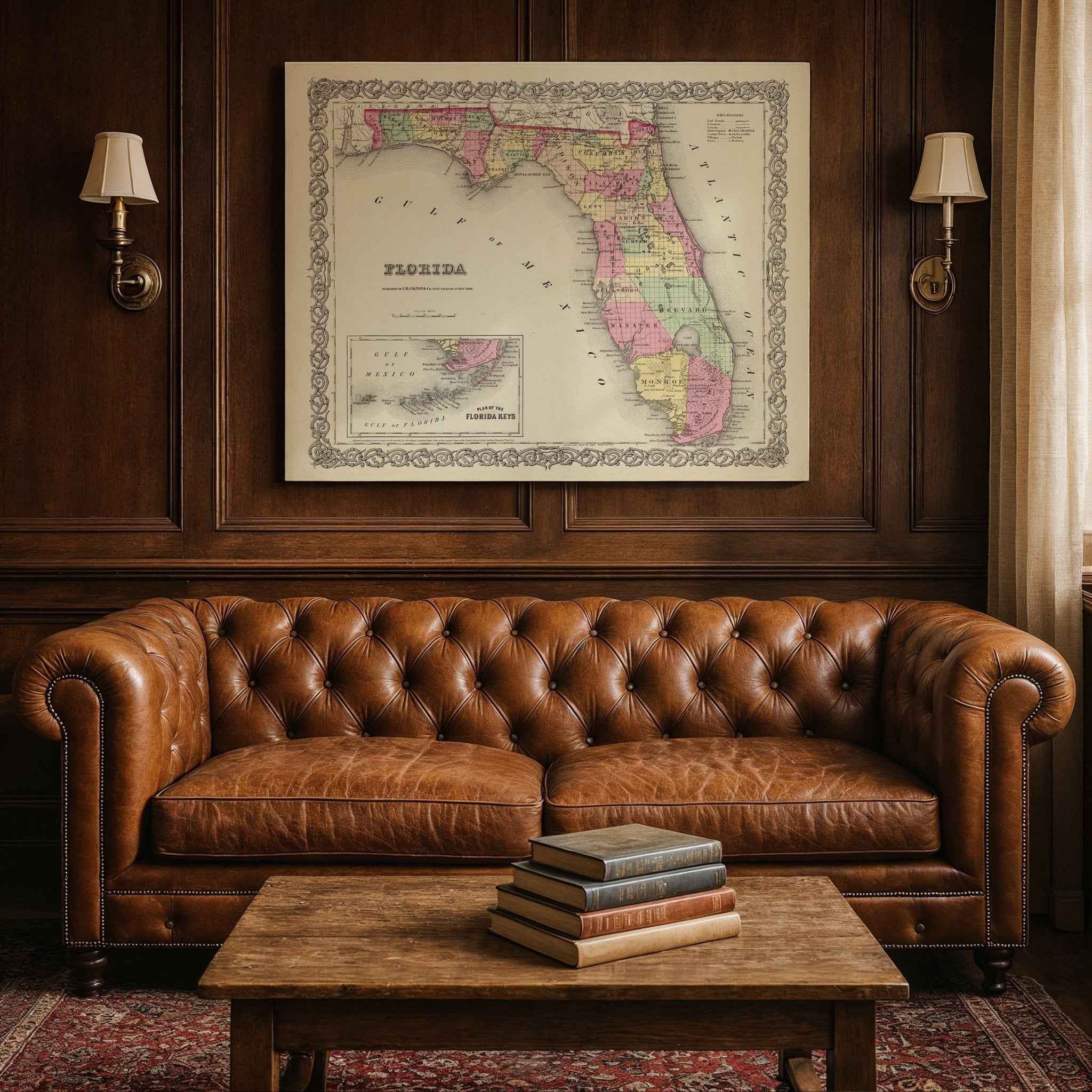 1856 Florida Map by G.W. Colton – Restored Vintage Wall Art with Florida Keys Inset