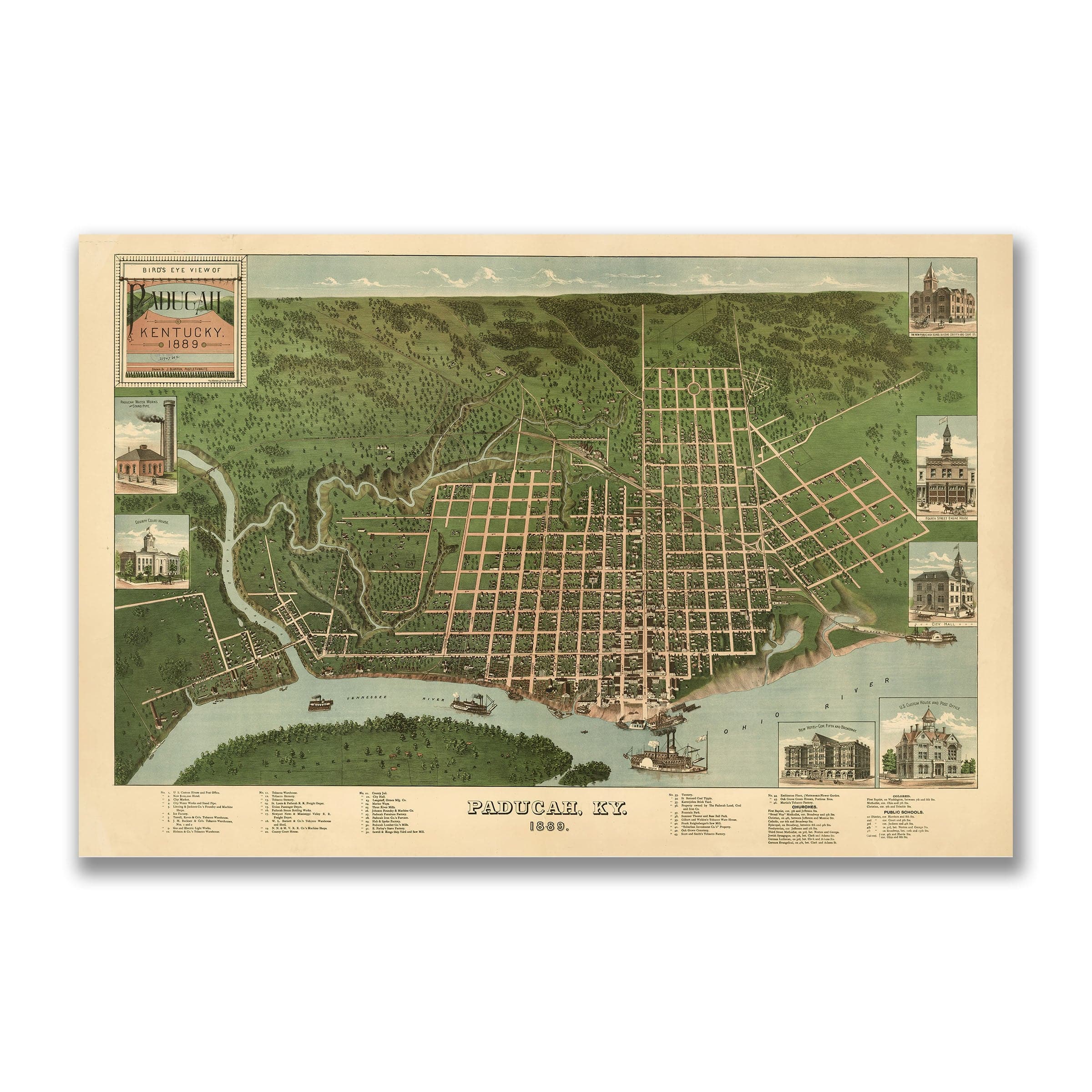 Paducah, Kentucky Vintage Map 1889 - Bird's Eye View