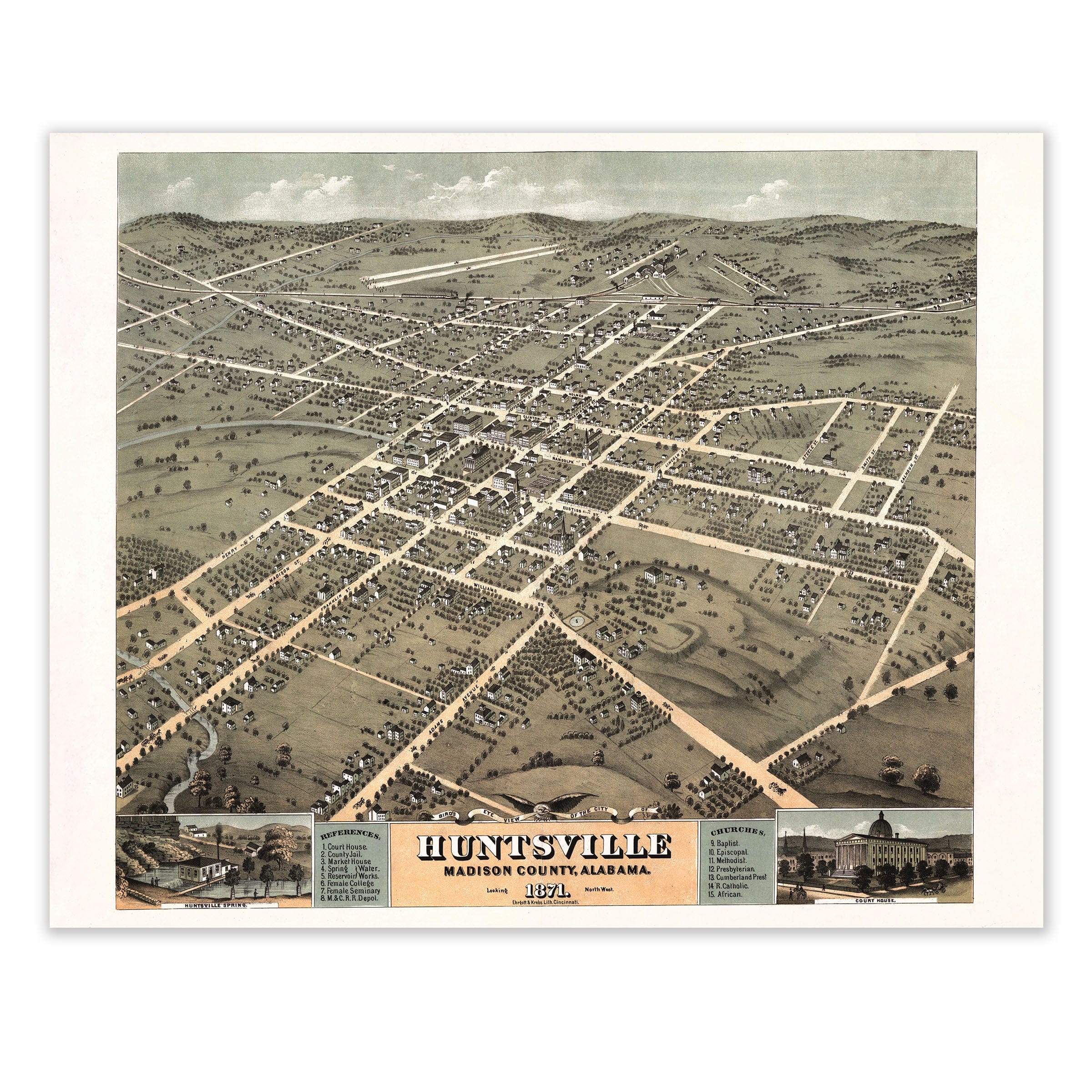 Huntsville Alabama Map - 1871 Bird's-Eye View Historic Madison County Map