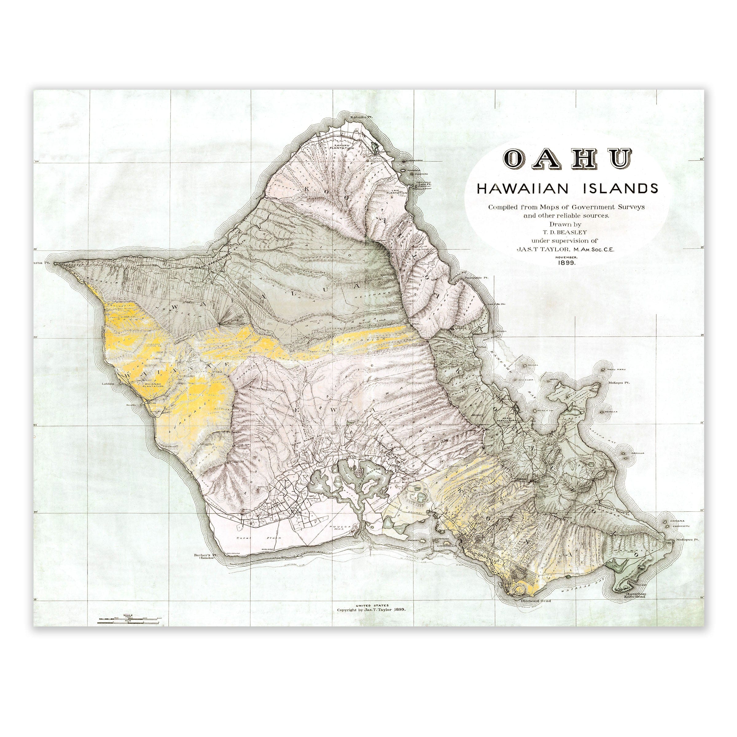 Oahu, Hawaiian Islands Map 1899 - Archive Prints