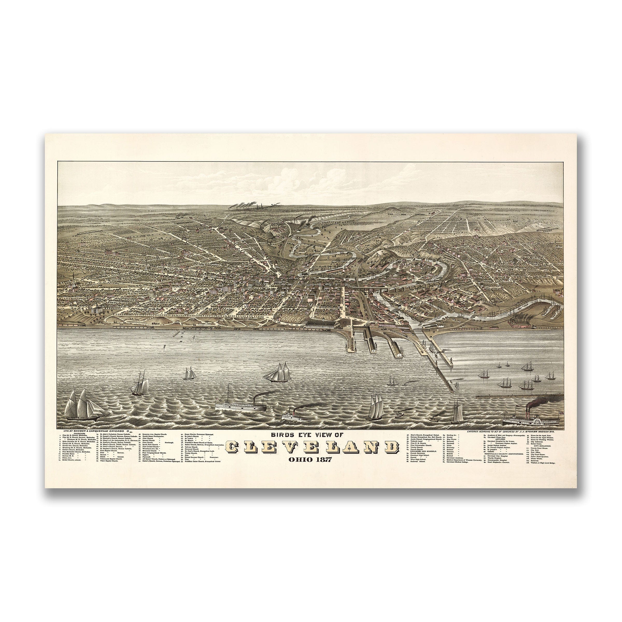 Cleveland, Ohio Map - 1877 Bird's Eye View