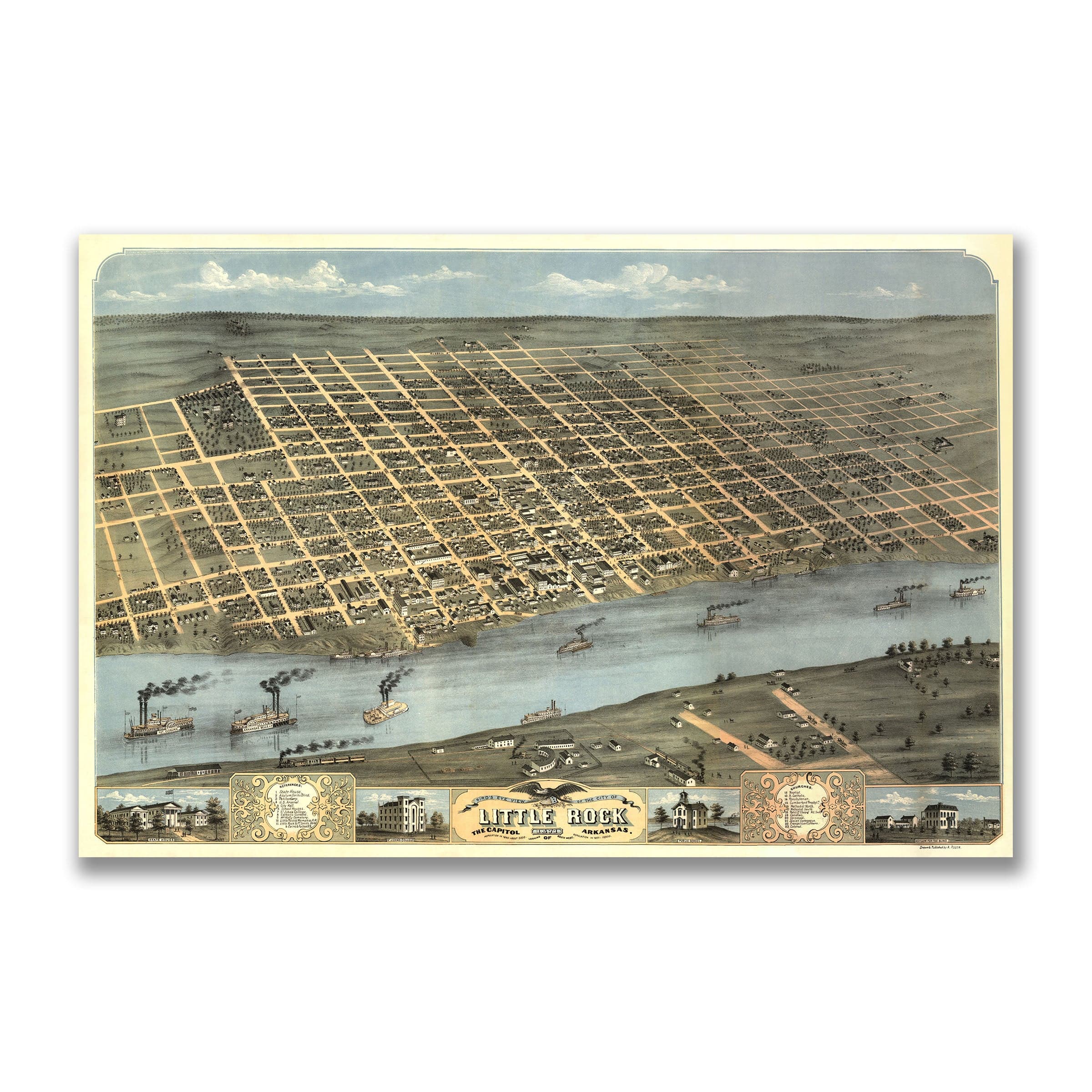 Little Rock Arkansas Historic Map - 1887 Perspective View of the City - Archive Prints