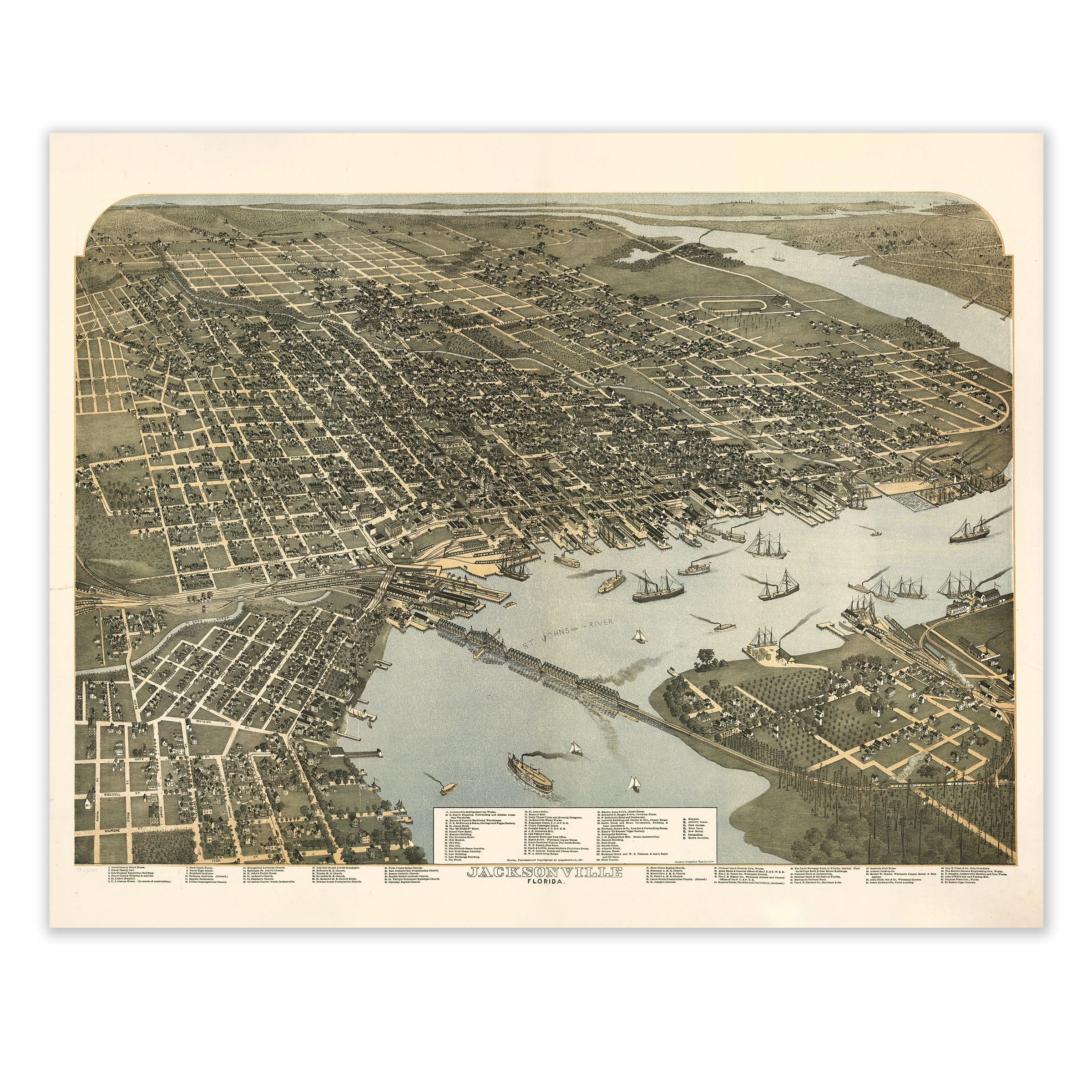 Jacksonville Florida Map - Bird's-Eye View 1893 Historic Gateway - Archive Prints
