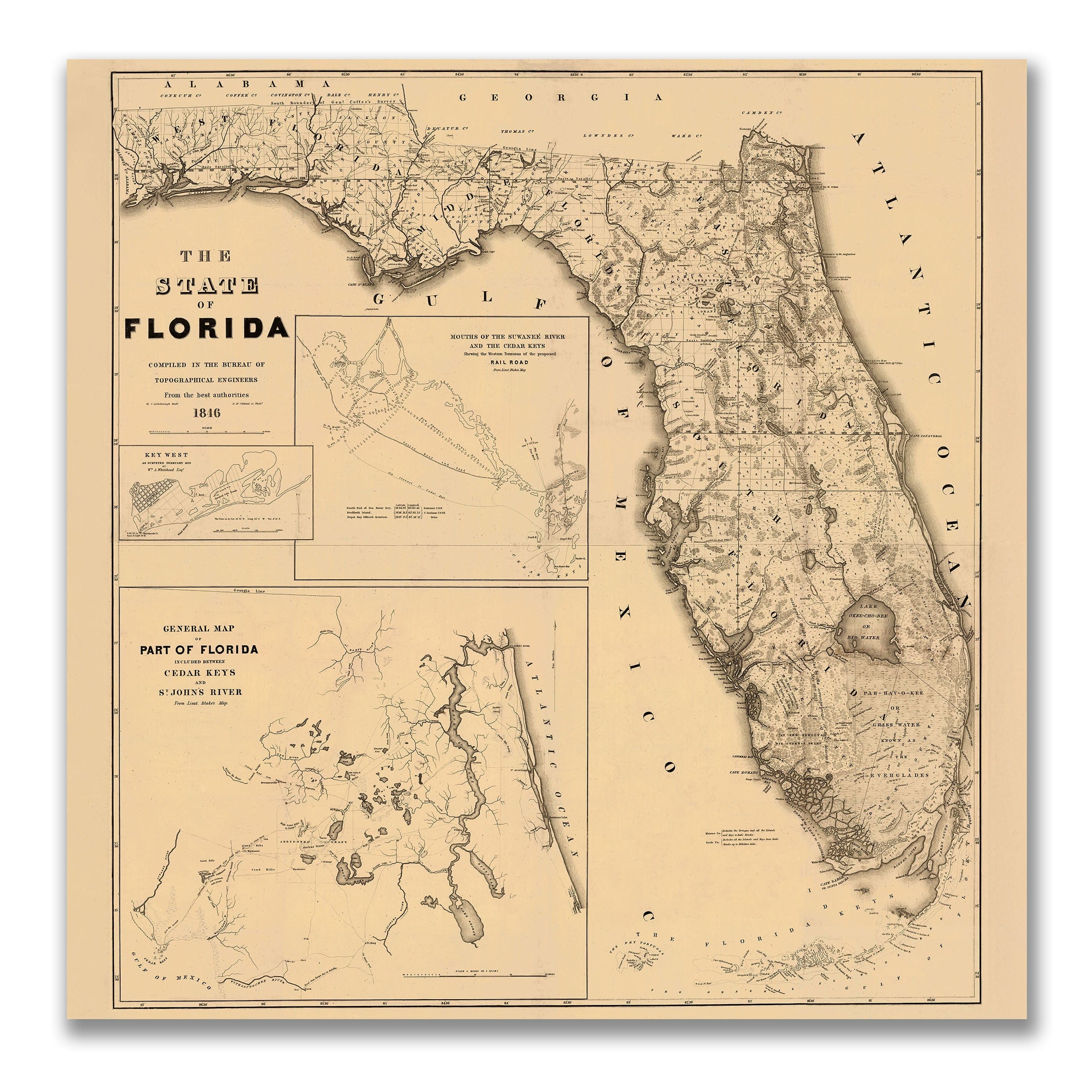 Florida Map 1846 - Topographical Engineers Survey - Archive Prints