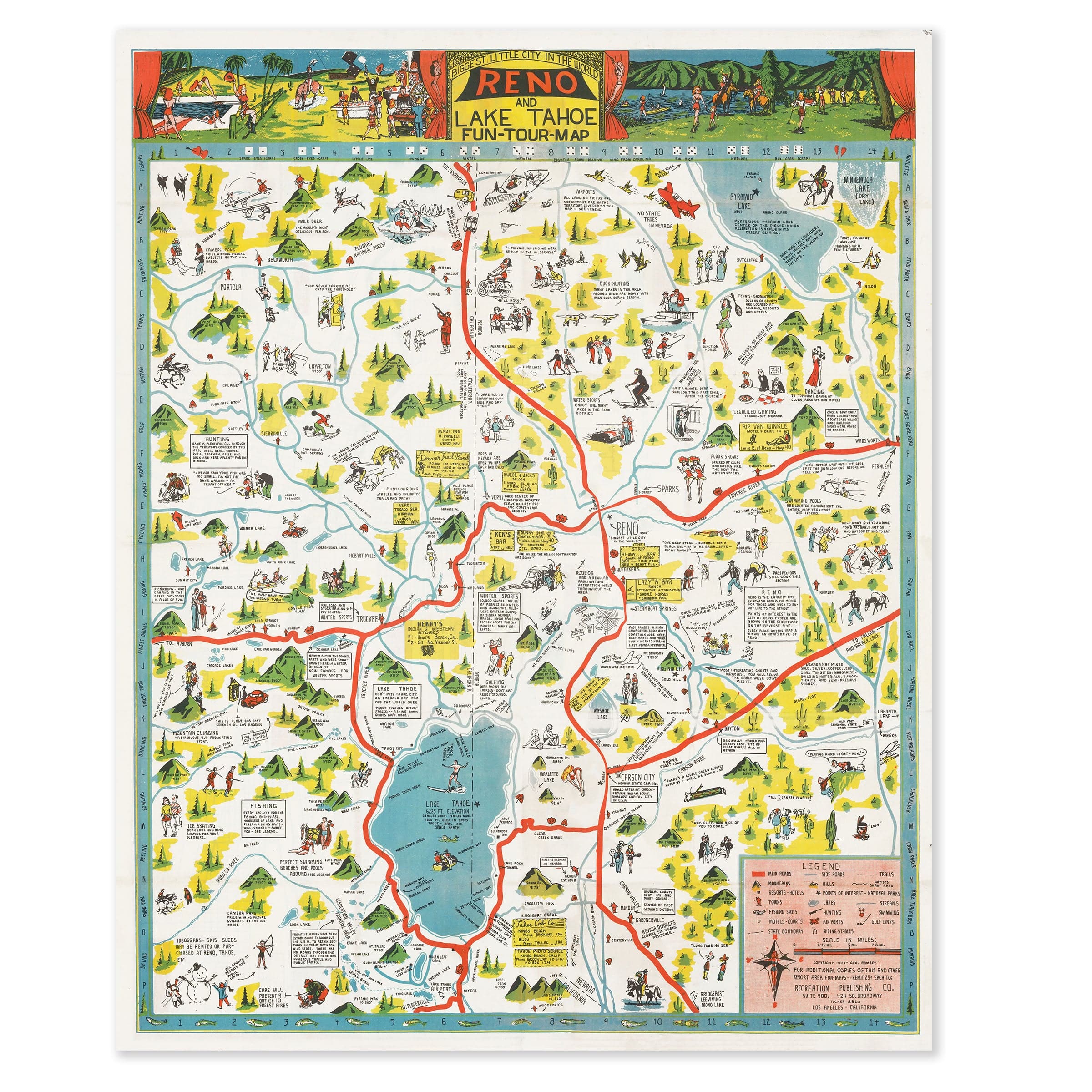 Reno & Lake Tahoe Vintage Map 1956 - Sierra Nevada Pictorial - Archive Prints