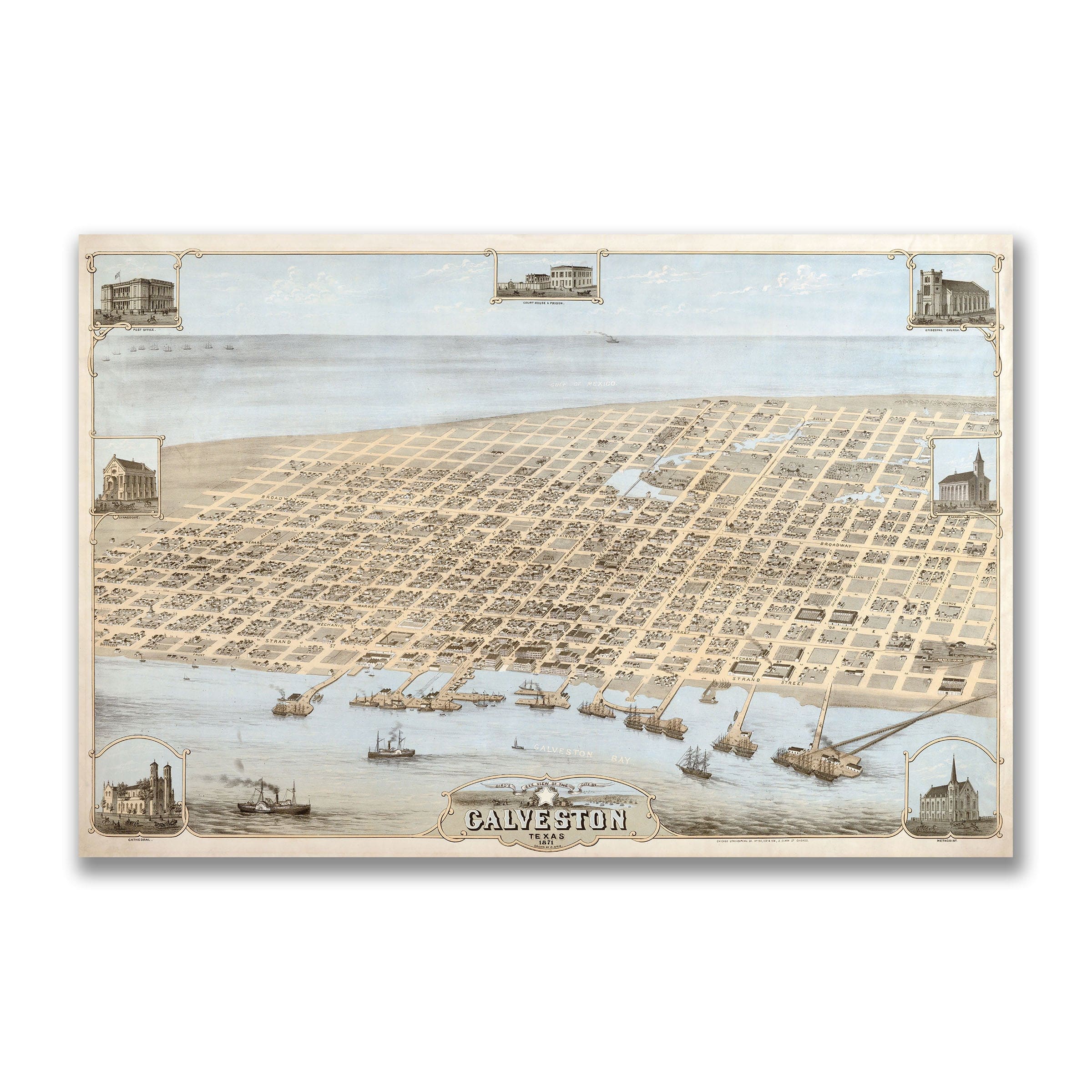 Bird's Eye View of the City of Galveston, Texas 1871 - Archive Prints