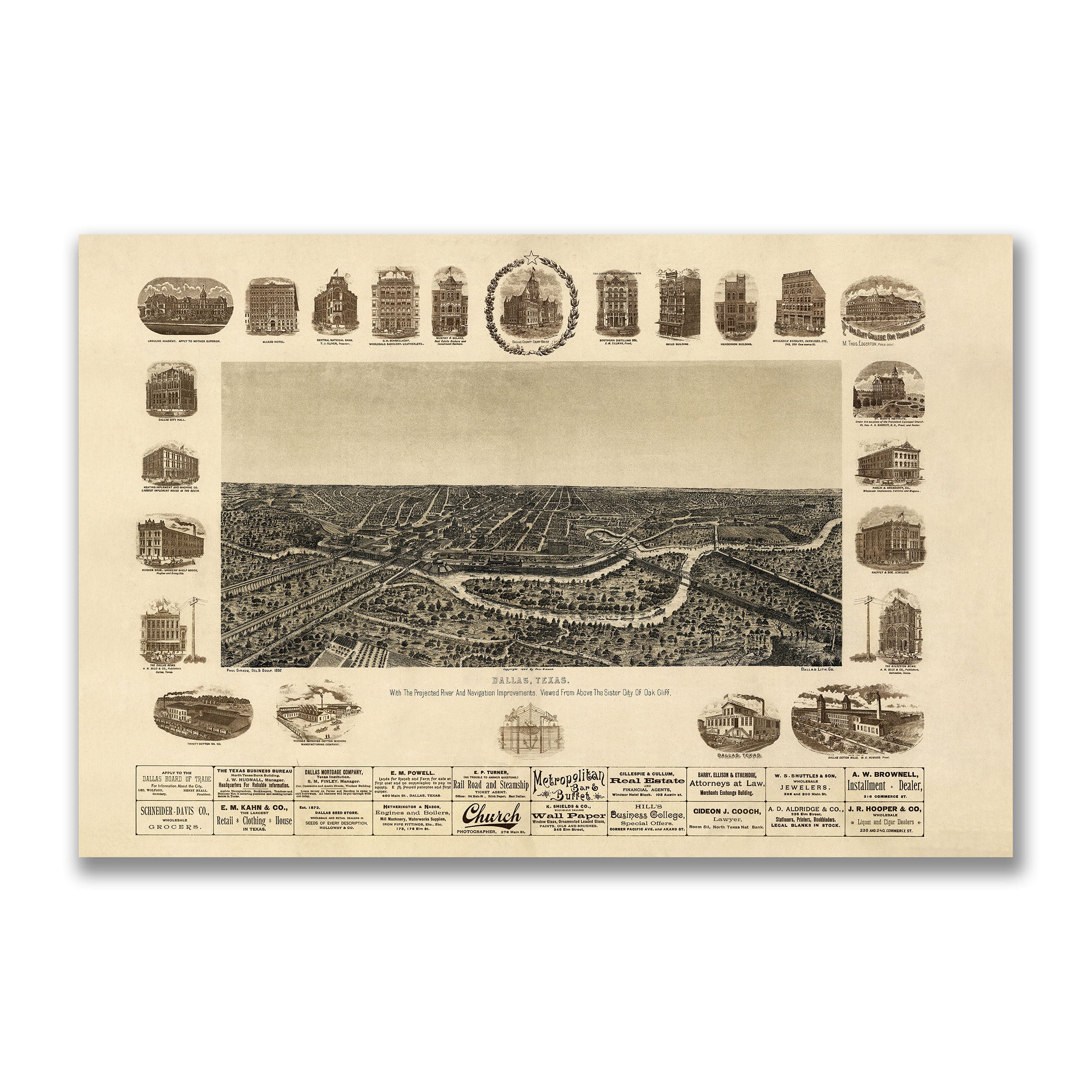 Dallas Texas Map 1892 - Vintage Bird's Eye View with Trinity River Navigation Plans