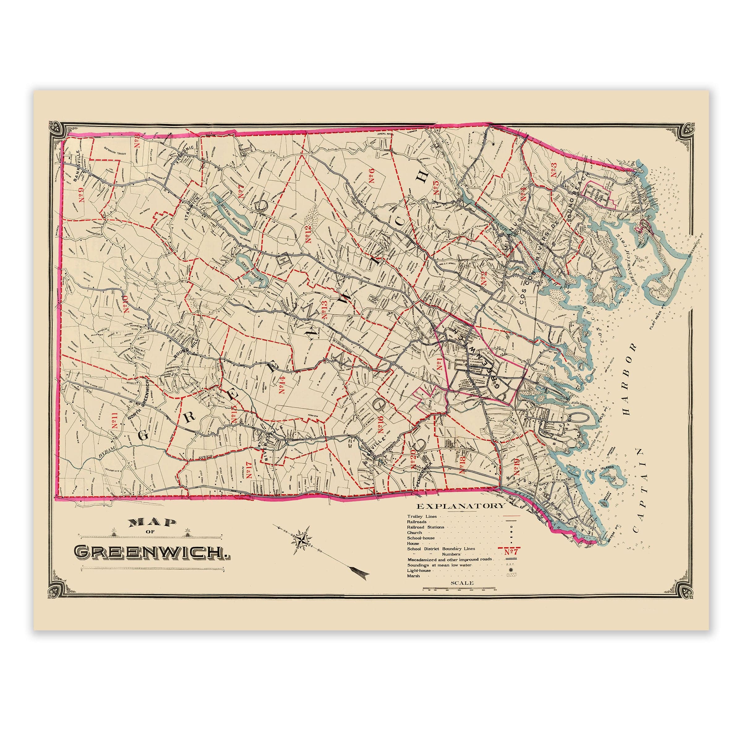 Greenwich, Connecticut Map 1893 - Archive Prints