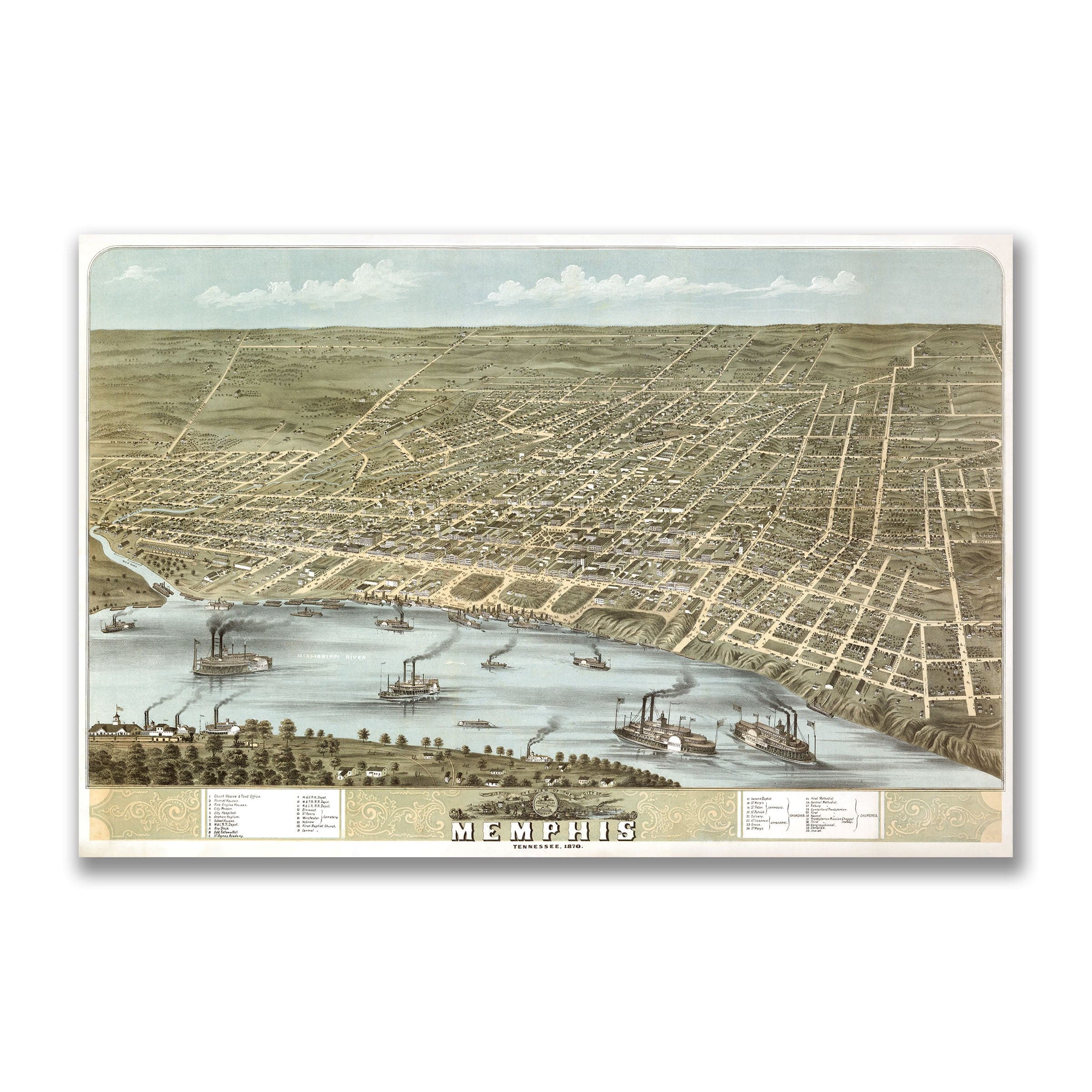 Memphis Tennessee Map - Bird's-Eye View of 1870 Historic River City - Archive Prints