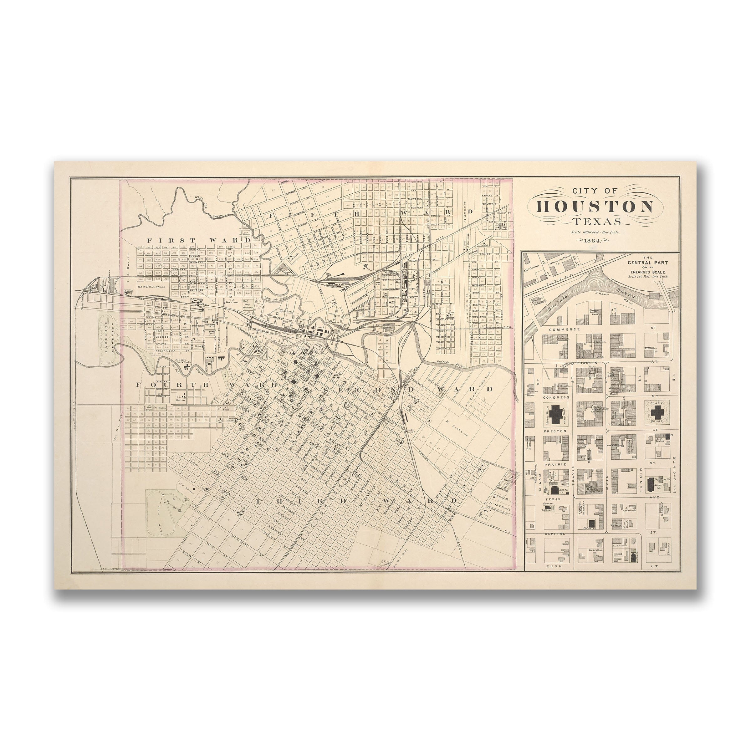 Houston Texas Map - 1884 Historic City Map Art - Archive Prints