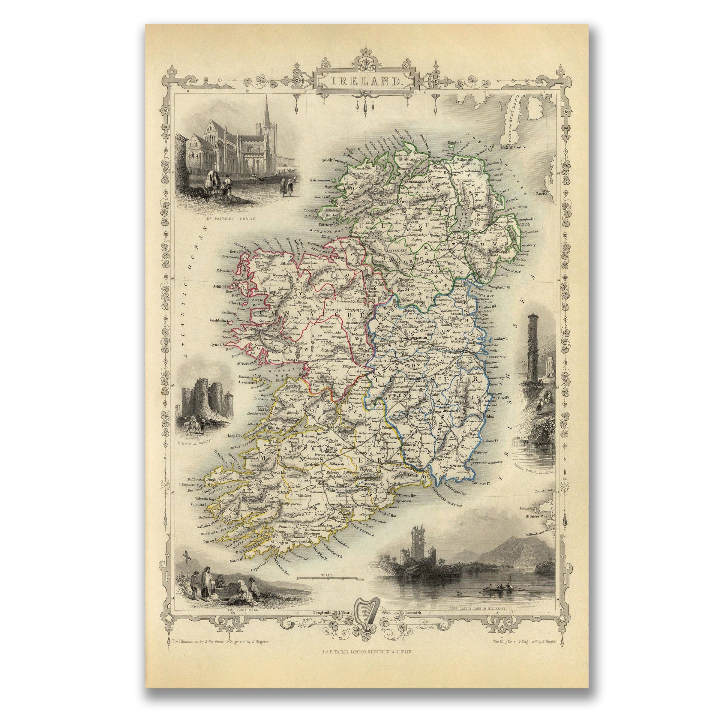 Vintage Ireland Map c. 1840s - J. & F. Tallis Illustrated