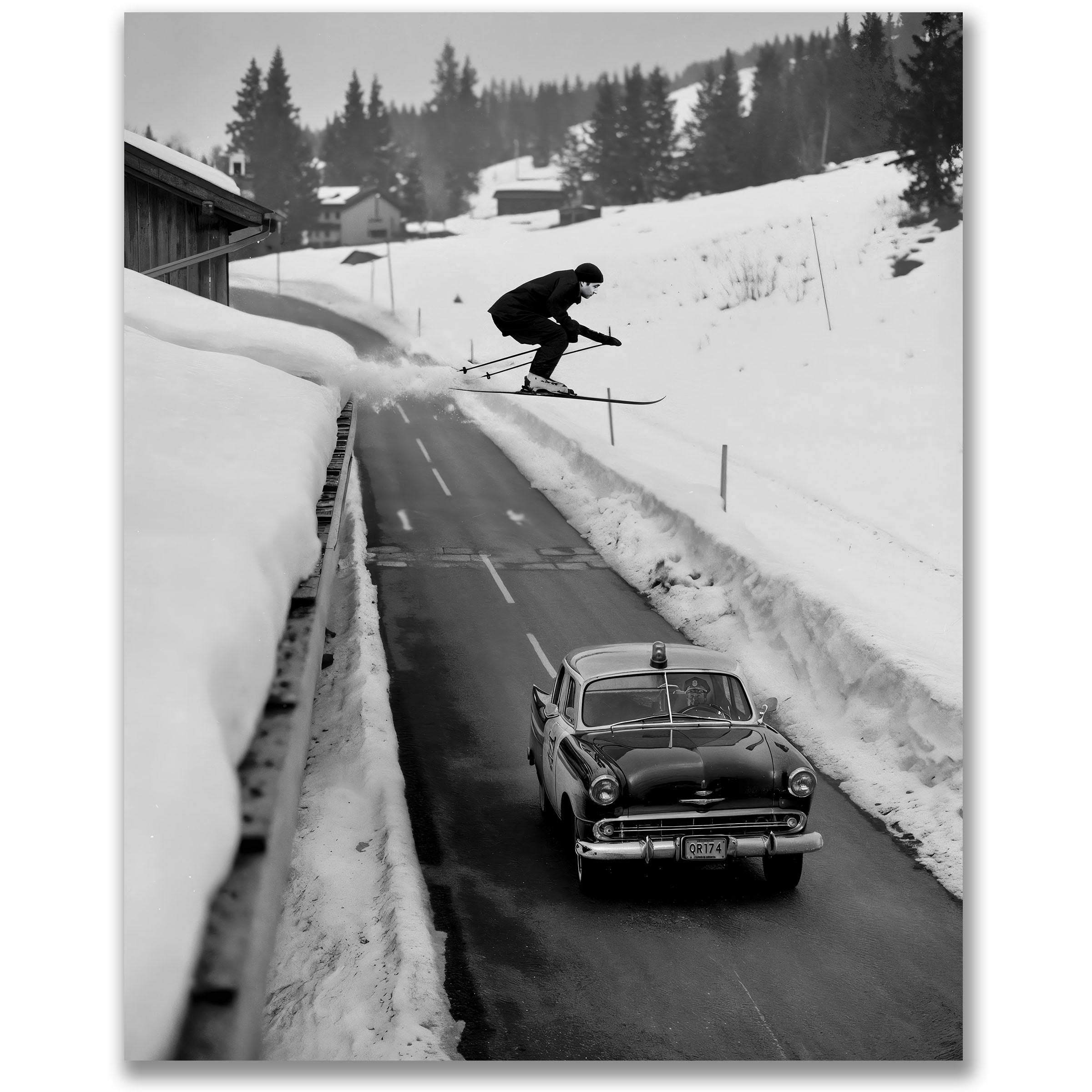 Vintage Ski Jump Over Car Photograph - Daredevil Winter Stunt