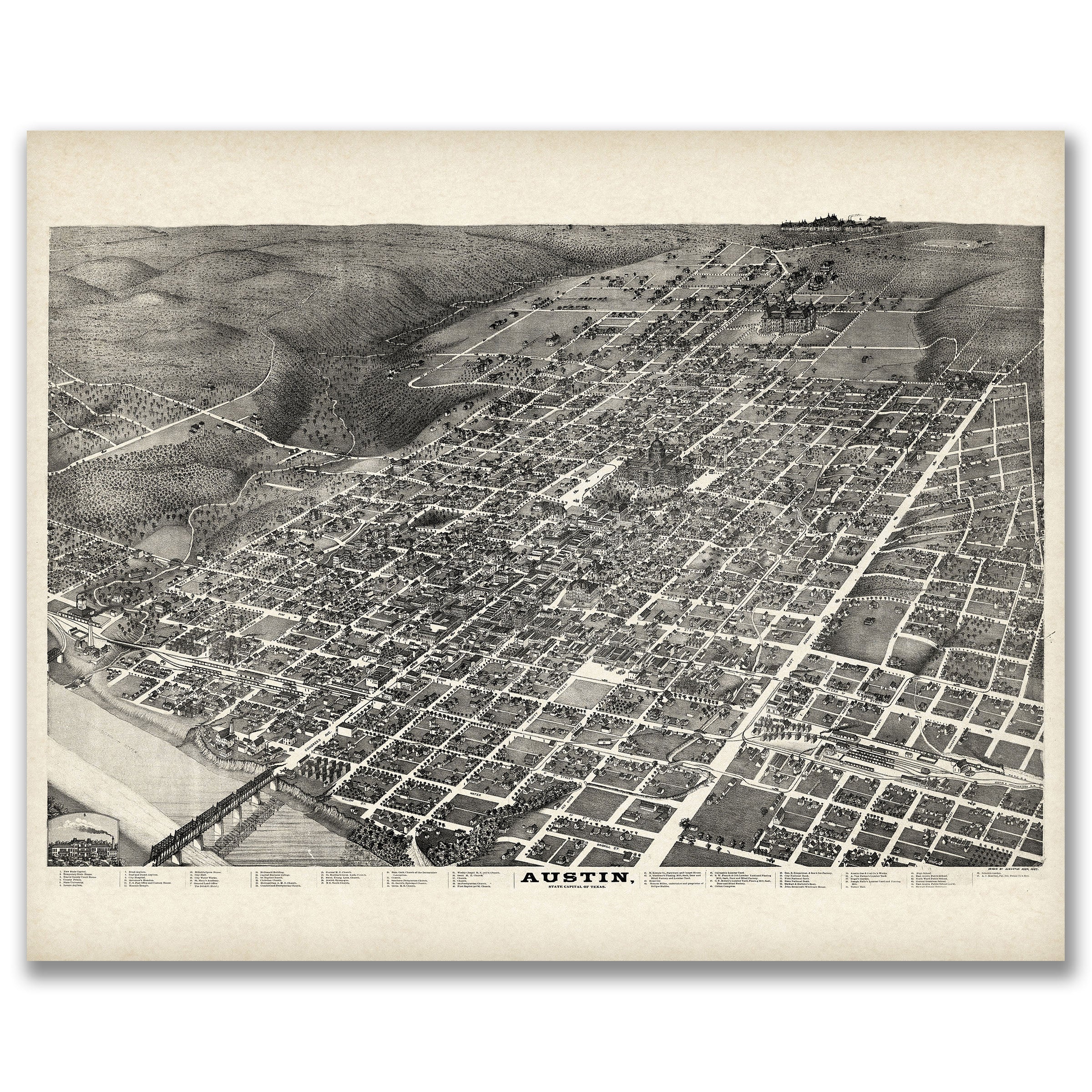 Austin Bird's-Eye Map - Vintage 1887 Texas State Capital Historical Map