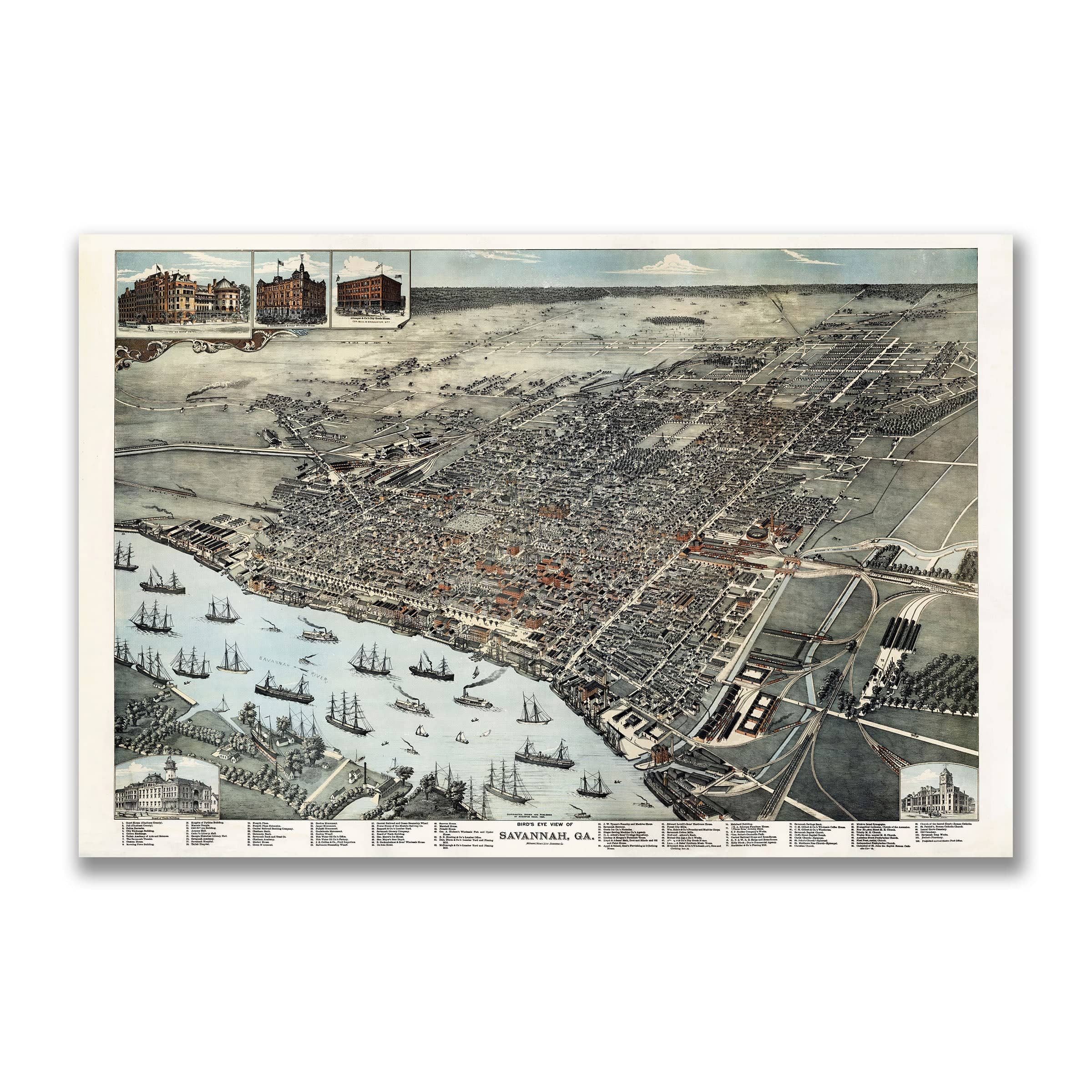 Savannah Georgia Historic Map - 1888 Bird's-Eye View of the City