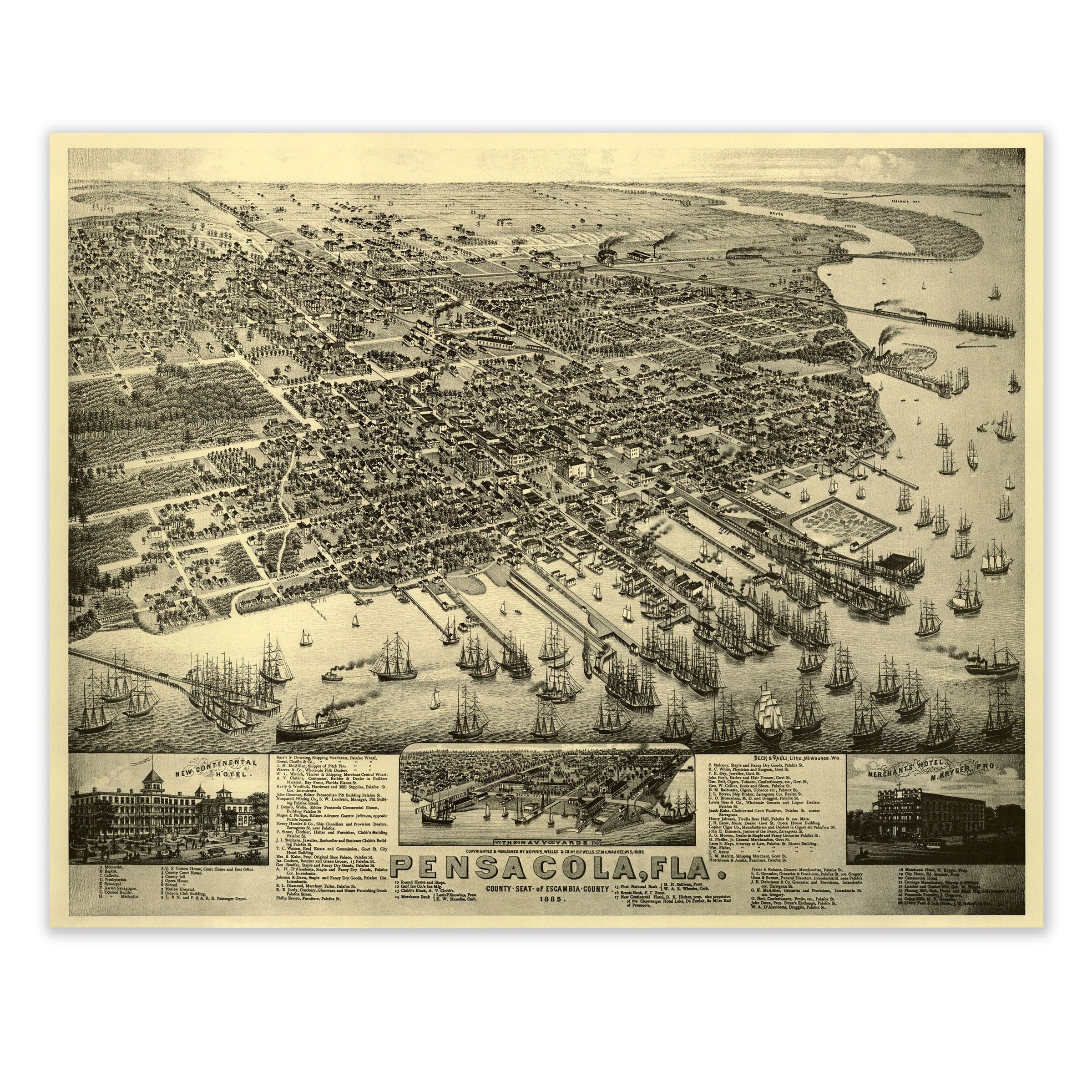 Pensacola, Florida Map - 1885 Bird's-Eye View Historic Gulf Coast Map - Archive Prints