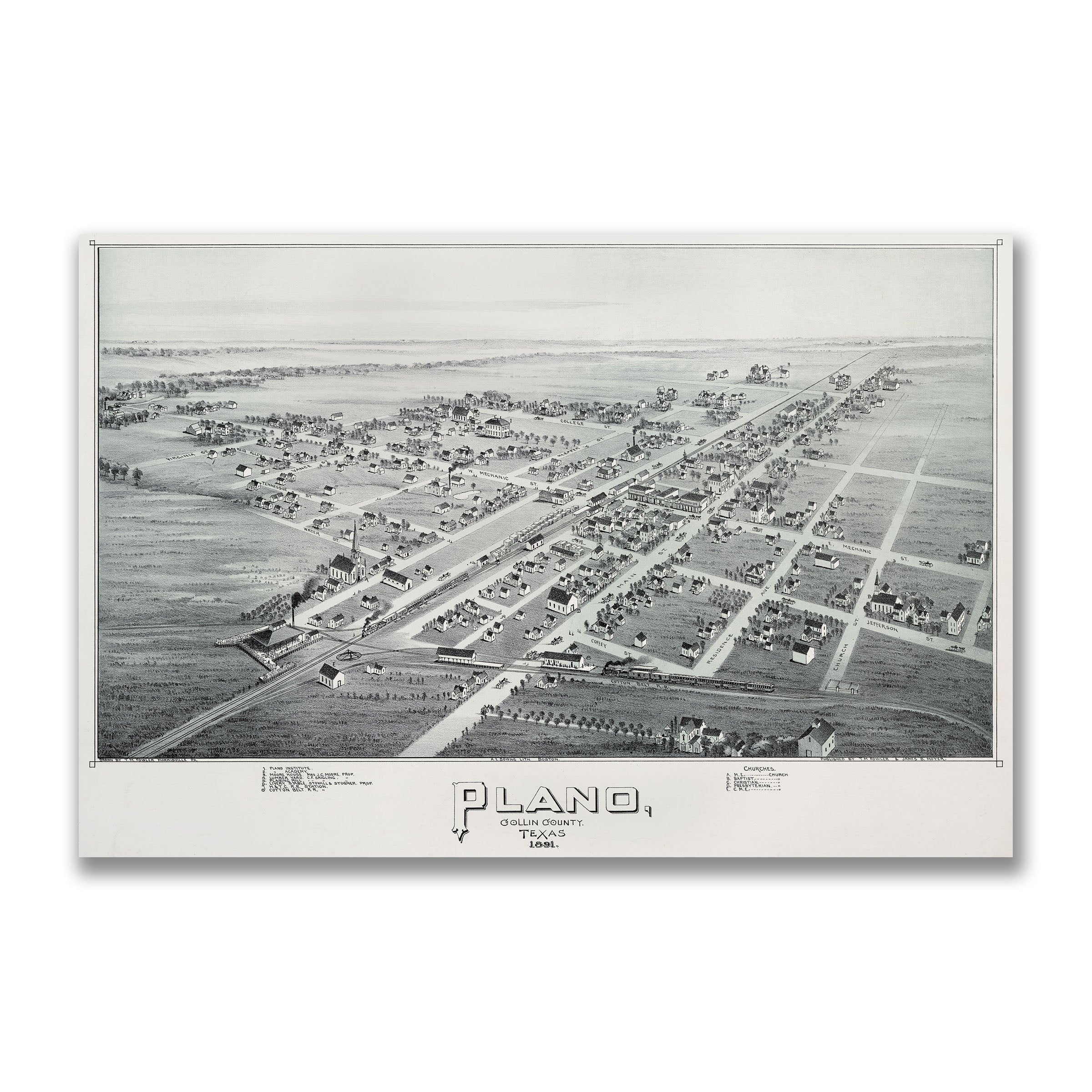Plano Texas Map 1891 - Vintage Bird's Eye View Historic City Map