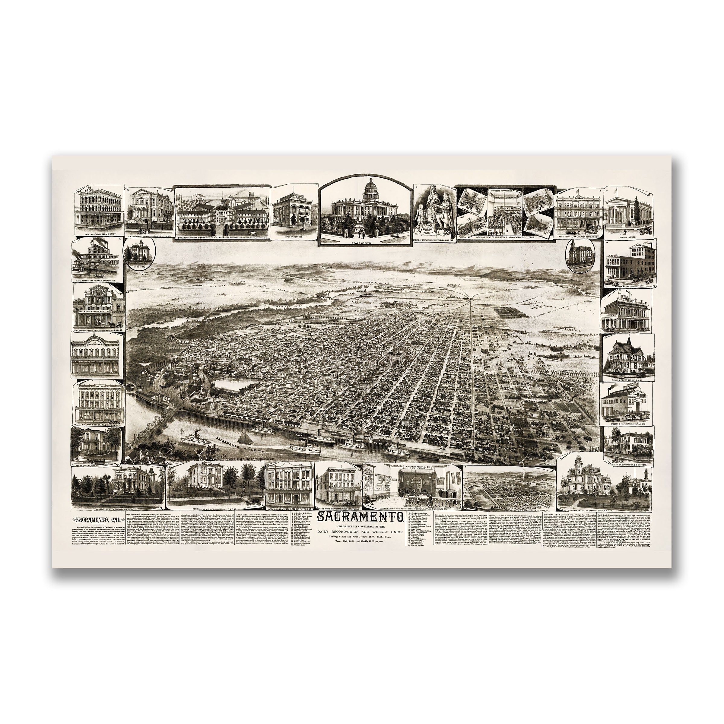 Sacramento Map 1890s - Vintage Bird's Eye View California State Capitol