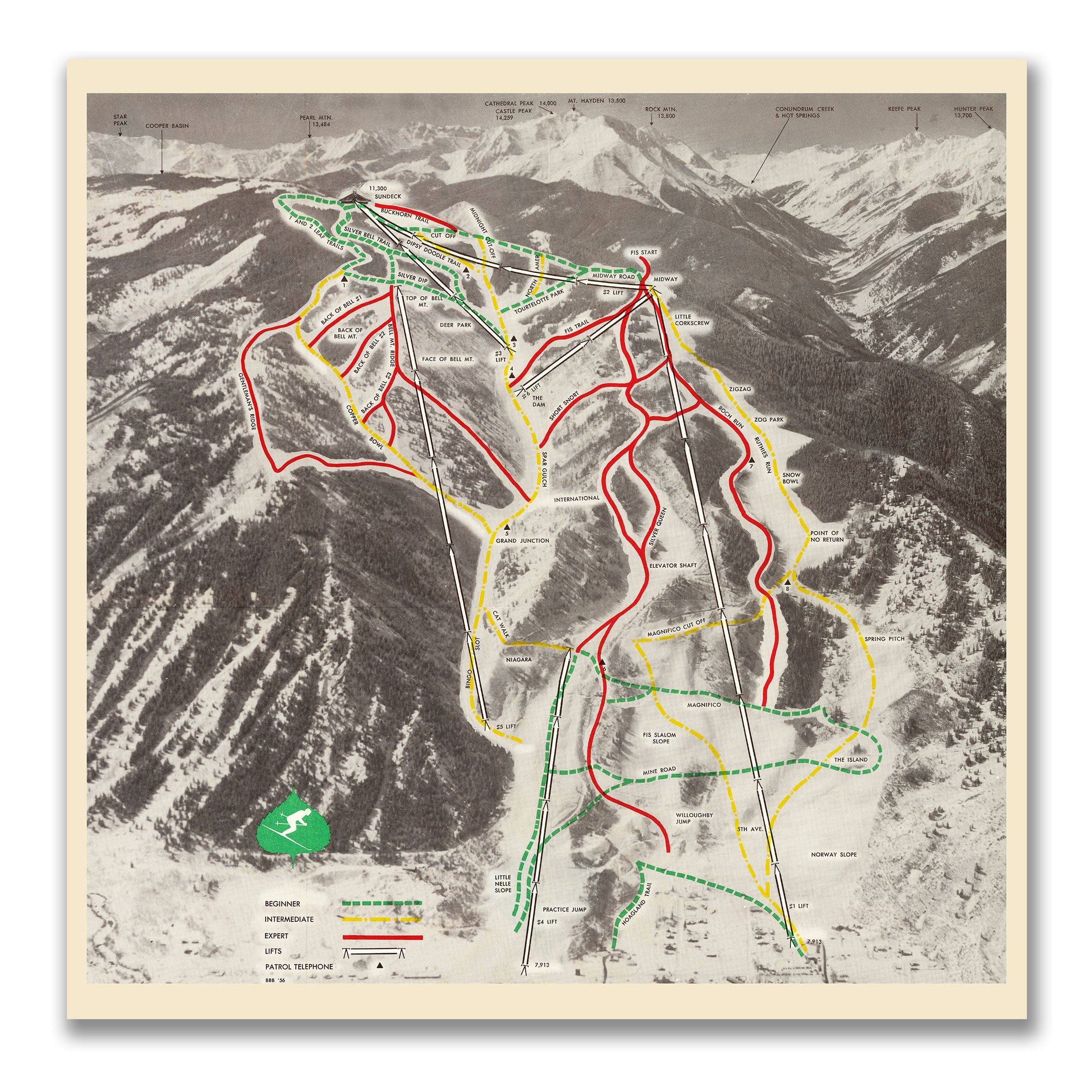 Aspen Mountain Ski Trails c. 1960s - Ajax Trail Map