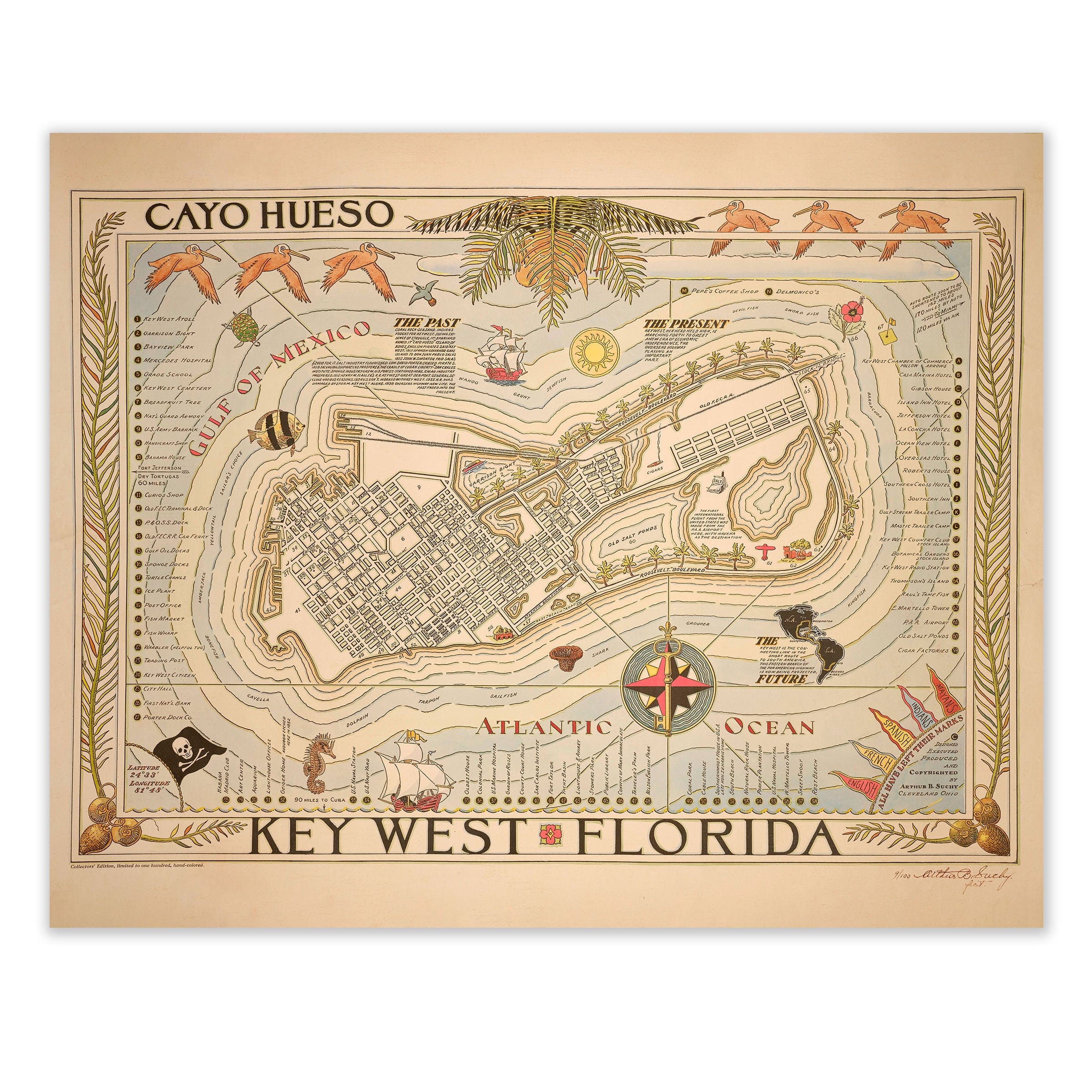Key West Florida Map - 1935 Cayo Hueso Illustrated Historic Map - Archive Prints