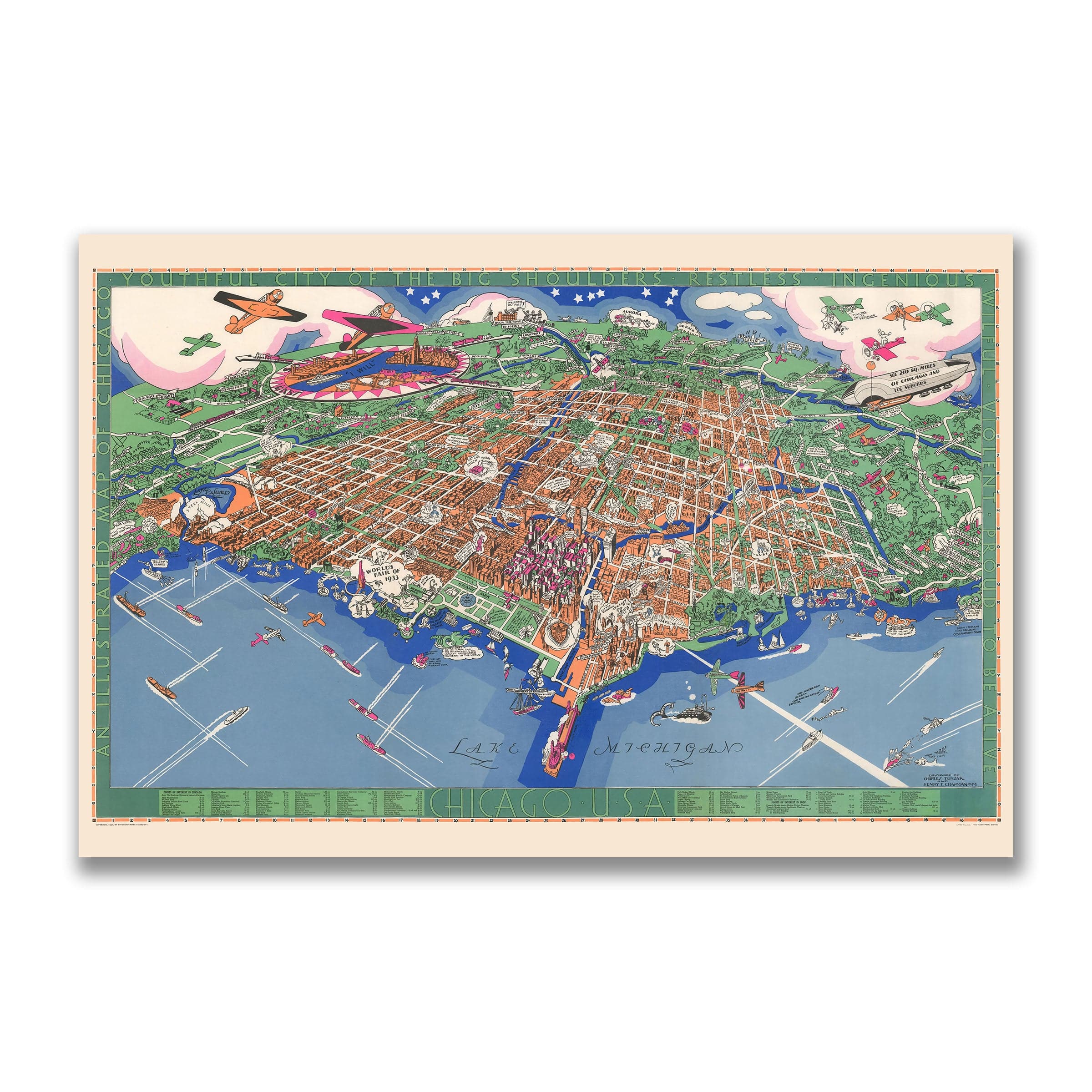 Chicago Illinois Map - Pictorial 1931 Historic City Map